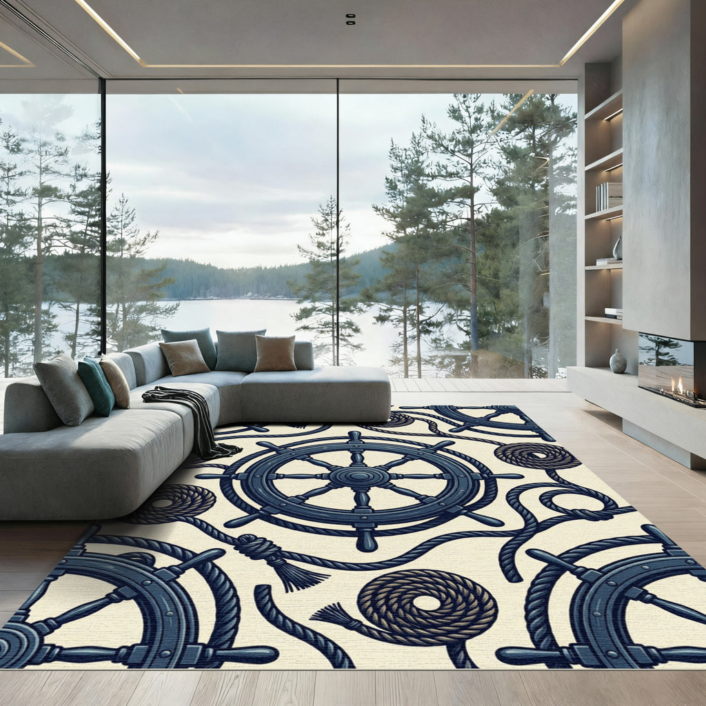 Navy Nautical Ship Wheel Rope Anchor Rug