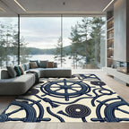 Navy Nautical Ship Wheel Rope Anchor Rug