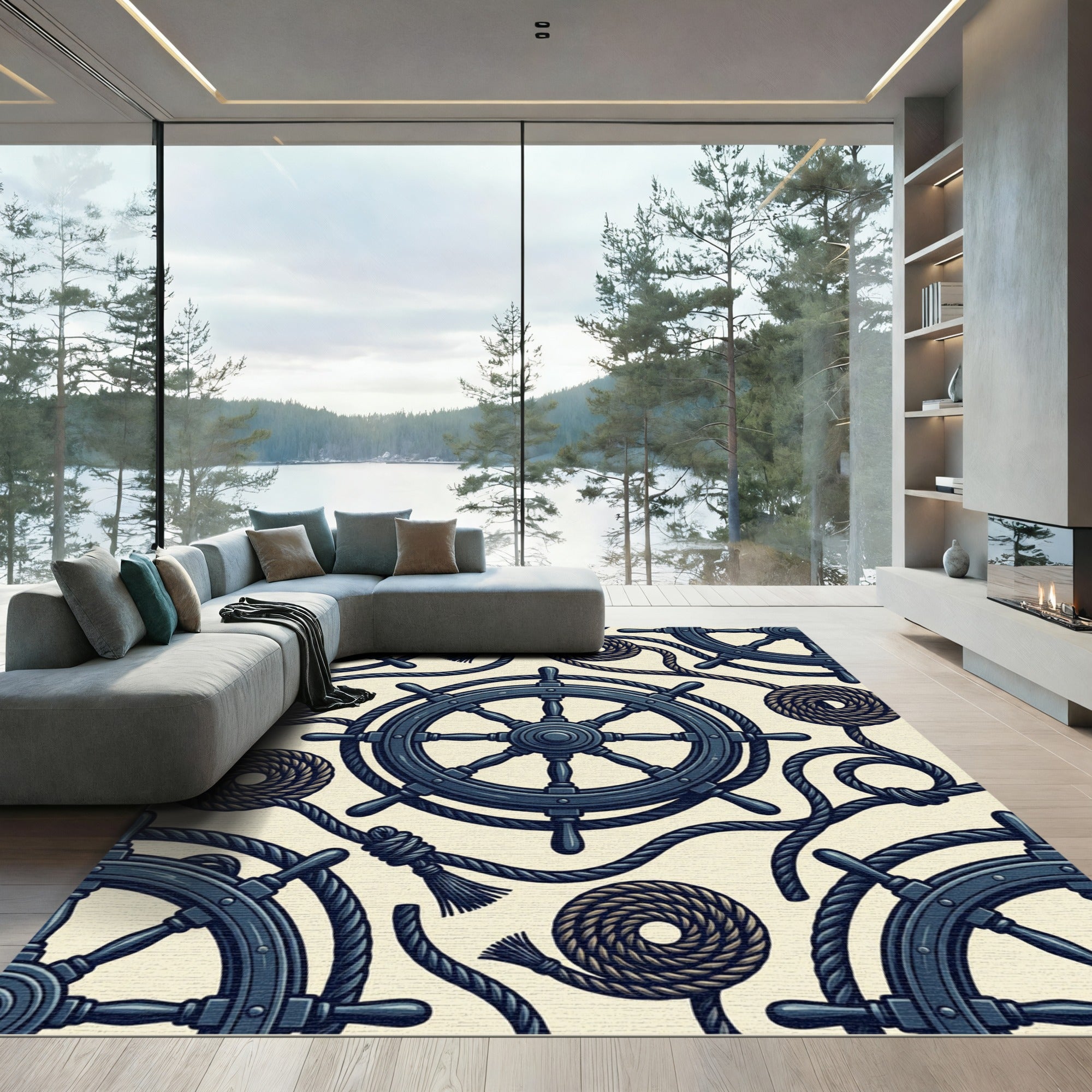Navy Nautical Ship Wheel Rope Anchor Rug