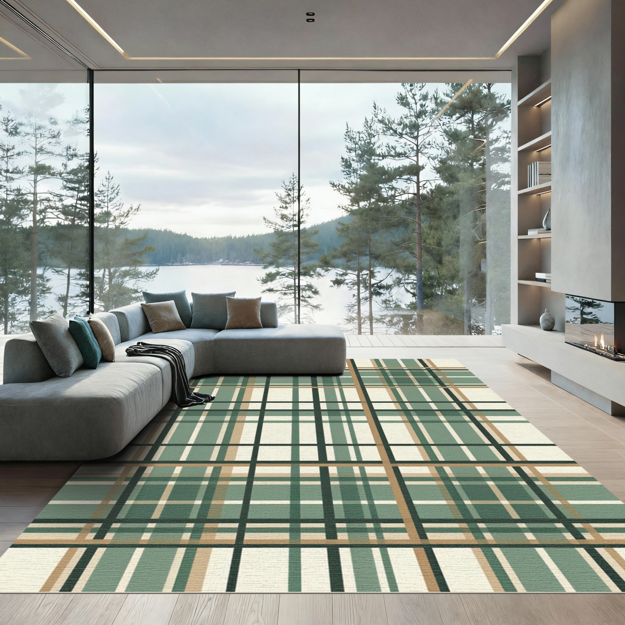 Sage Green and Tan Plaid Grid Rug