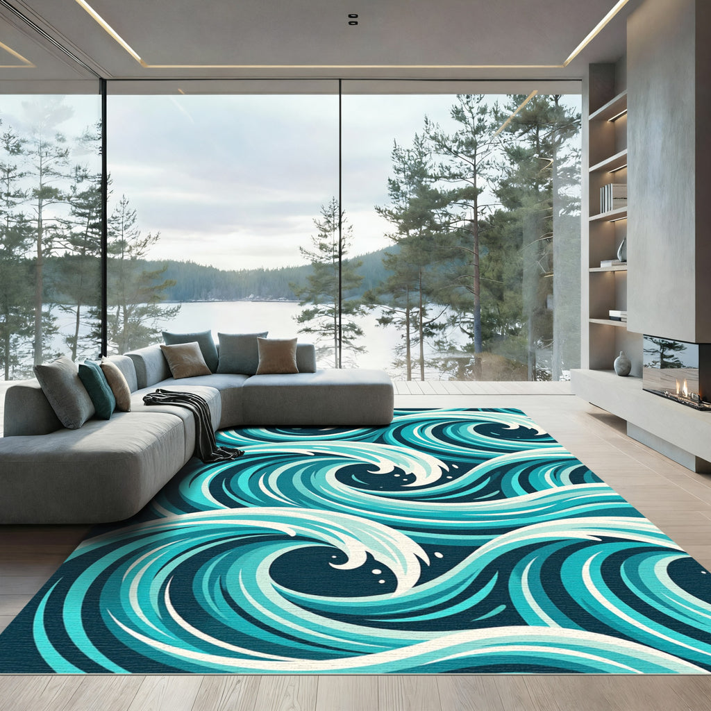 Abstract Teal Ocean Swirl Composed Art Rug