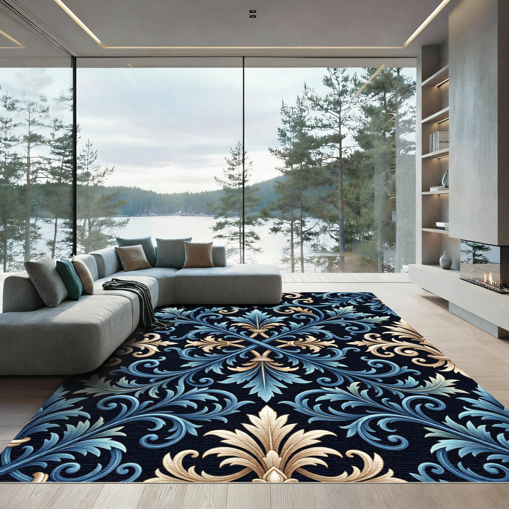 Elegant Blue and Gold Acanthus Scroll Rug