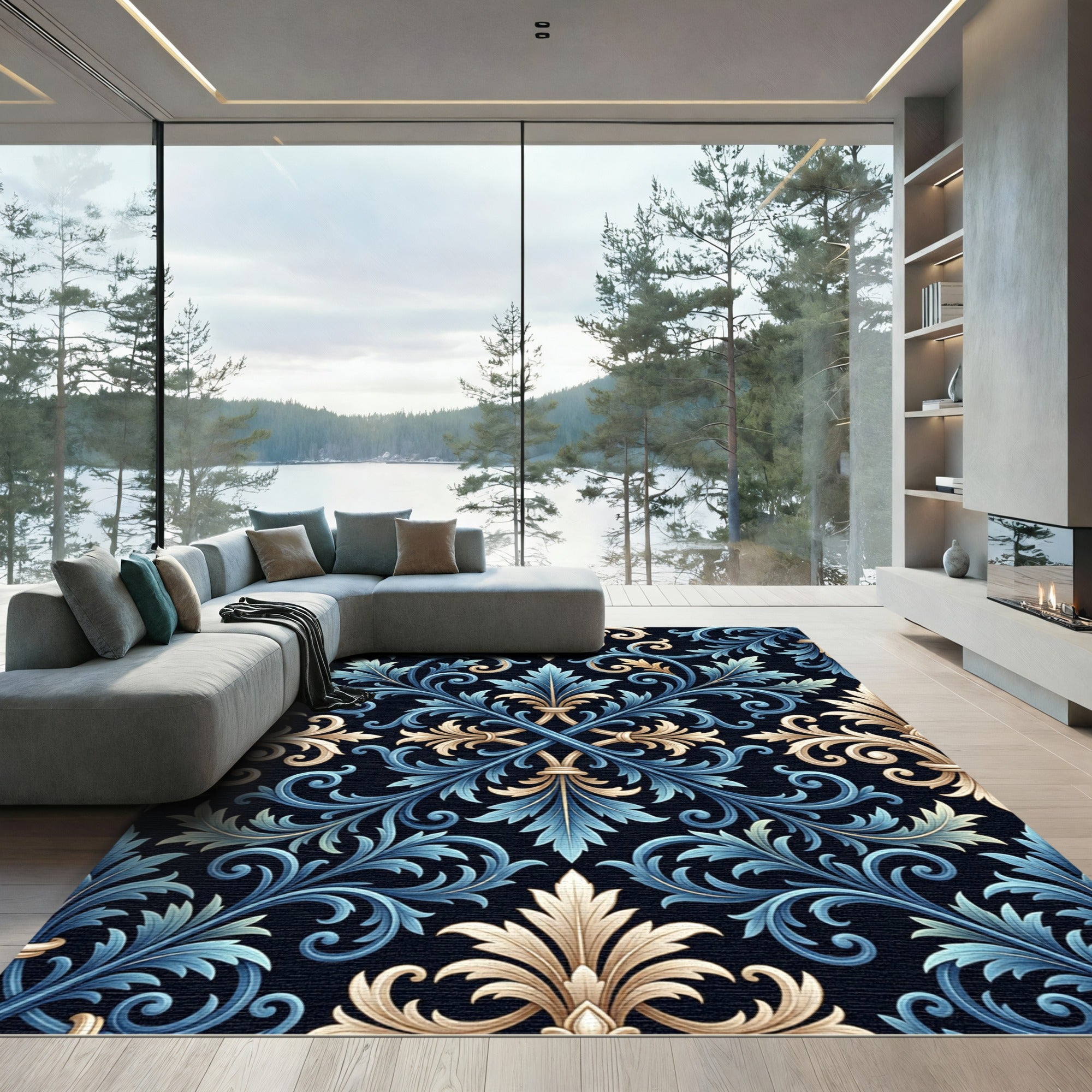 Elegant Blue and Gold Acanthus Scroll Rug