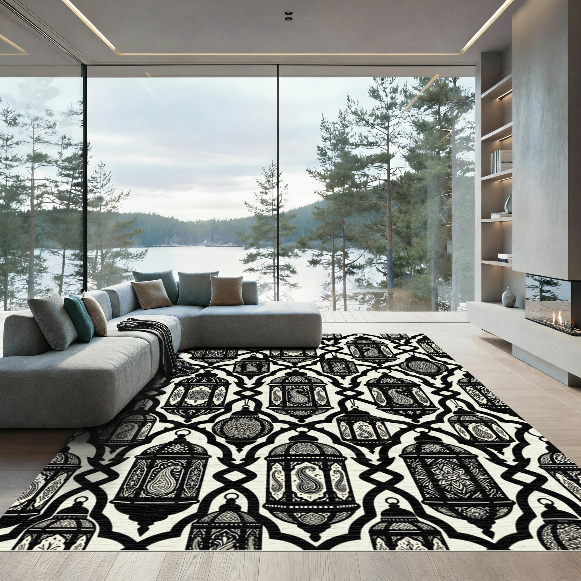 Black White Lantern Paisley Pattern Rug
