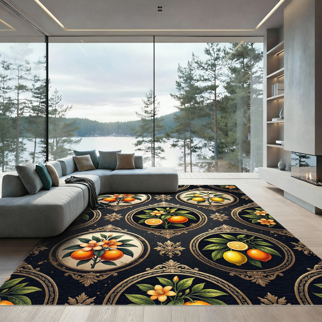 Framed Citrus Medallion Dark Floral Rug