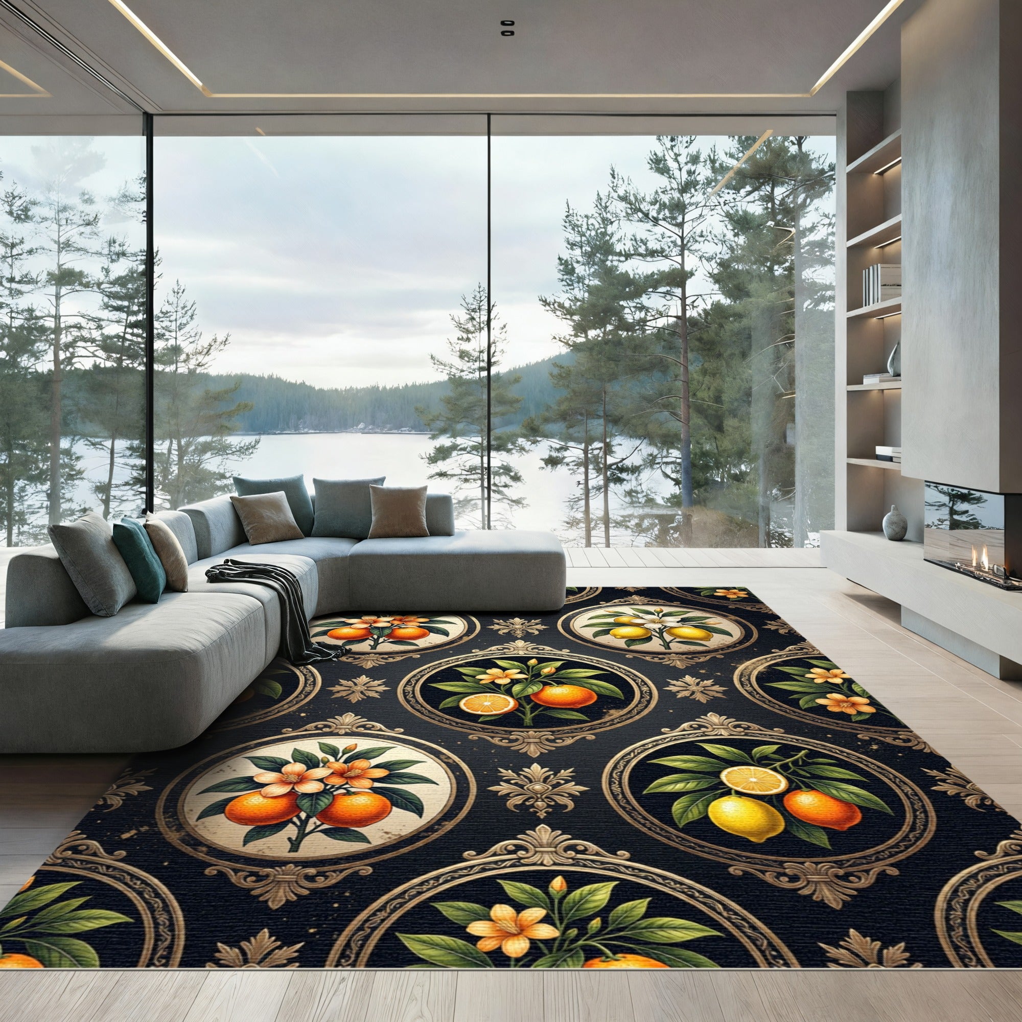 Framed Citrus Medallion Dark Floral Rug