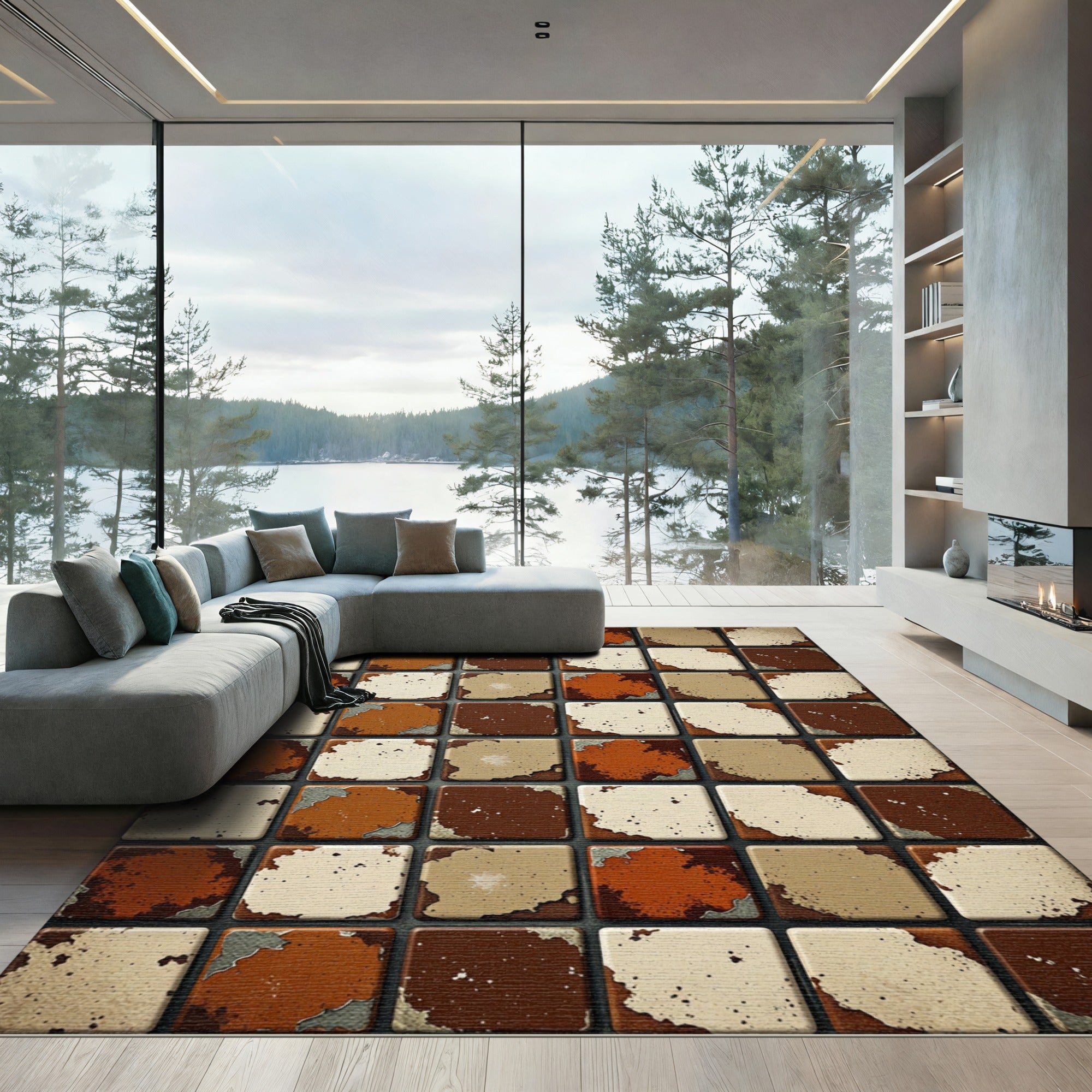 Textured Copper and Beige Tiled Grid Rug