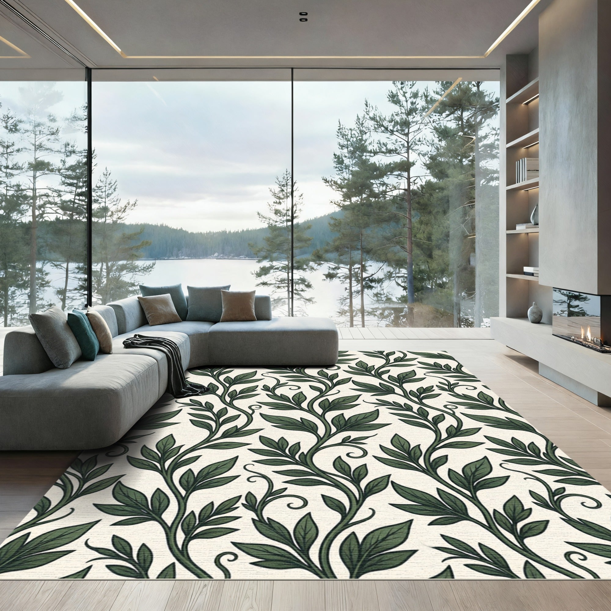 Deep Forest Green Vine Swirls Rug
