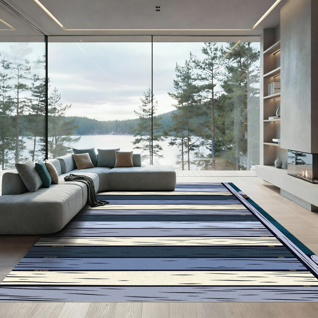 Minimalist Blue and Cream Horizontal Stripe Rug