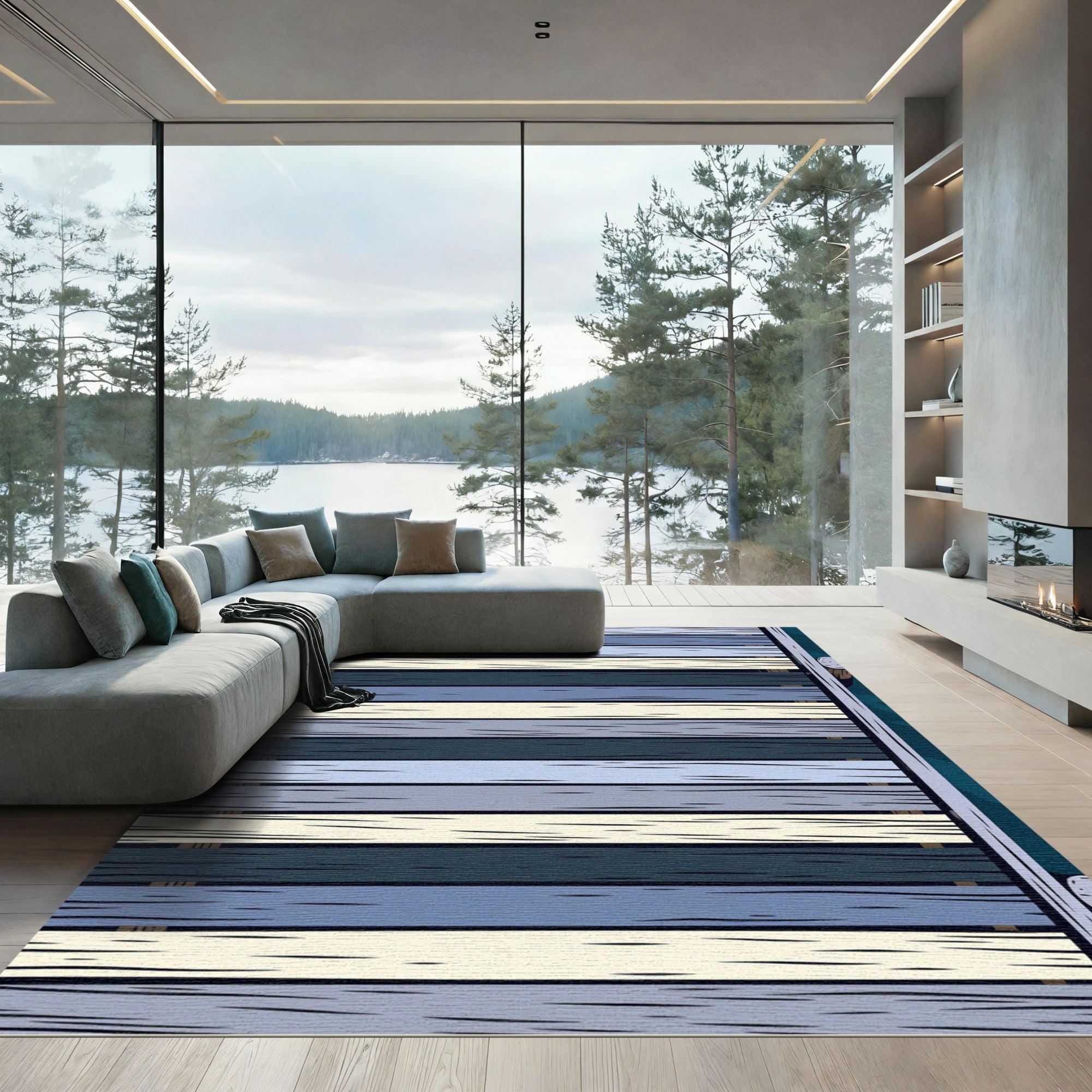 Minimalist Blue and Cream Horizontal Stripe Rug