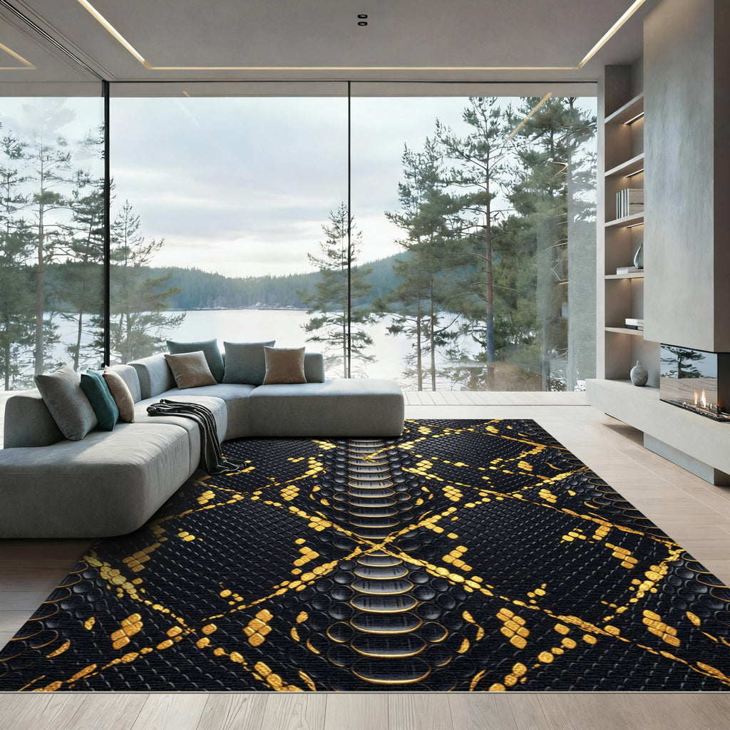 Luxurious Black and Gold Serpent Texture Rug