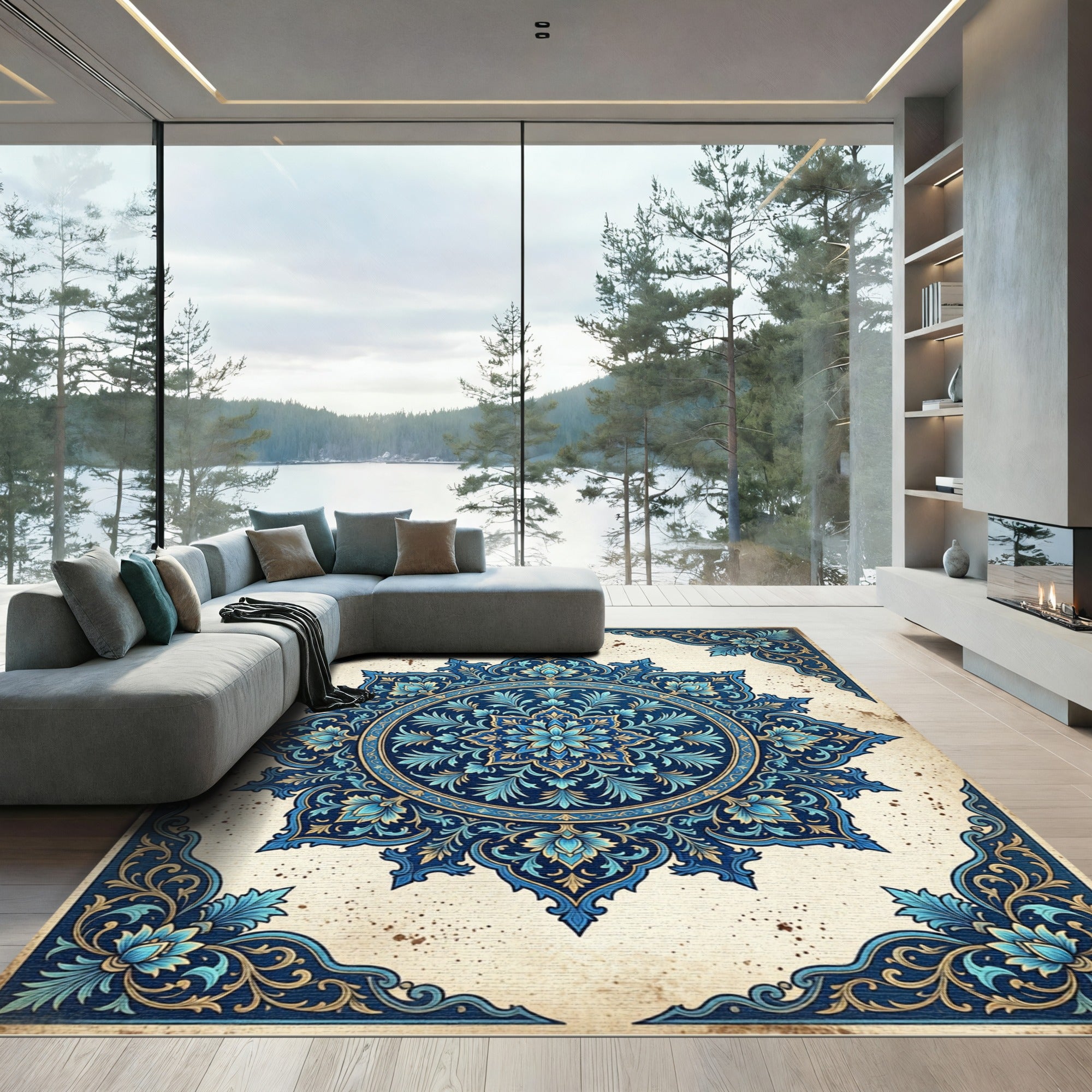 Ornate Deep Blue Floral Medallion Rug