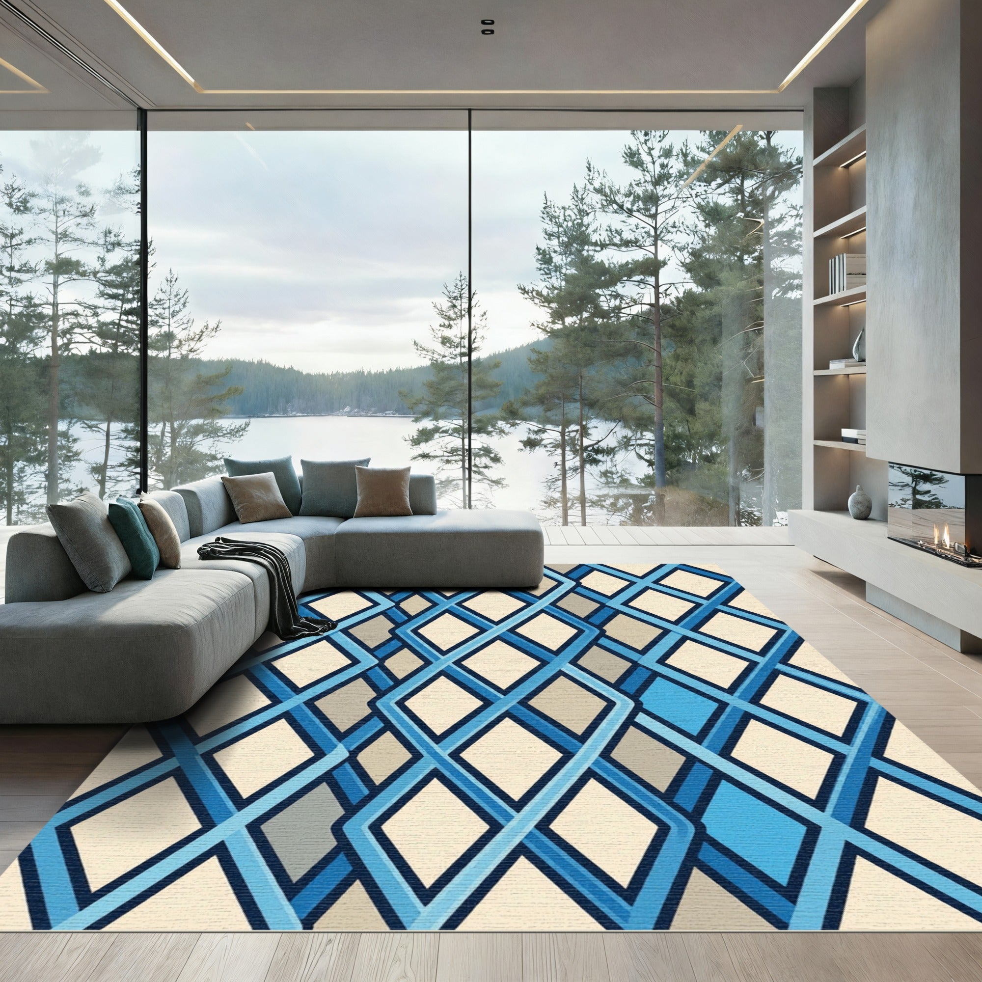 Geometric Blue Entwined Diamond Grid Rug