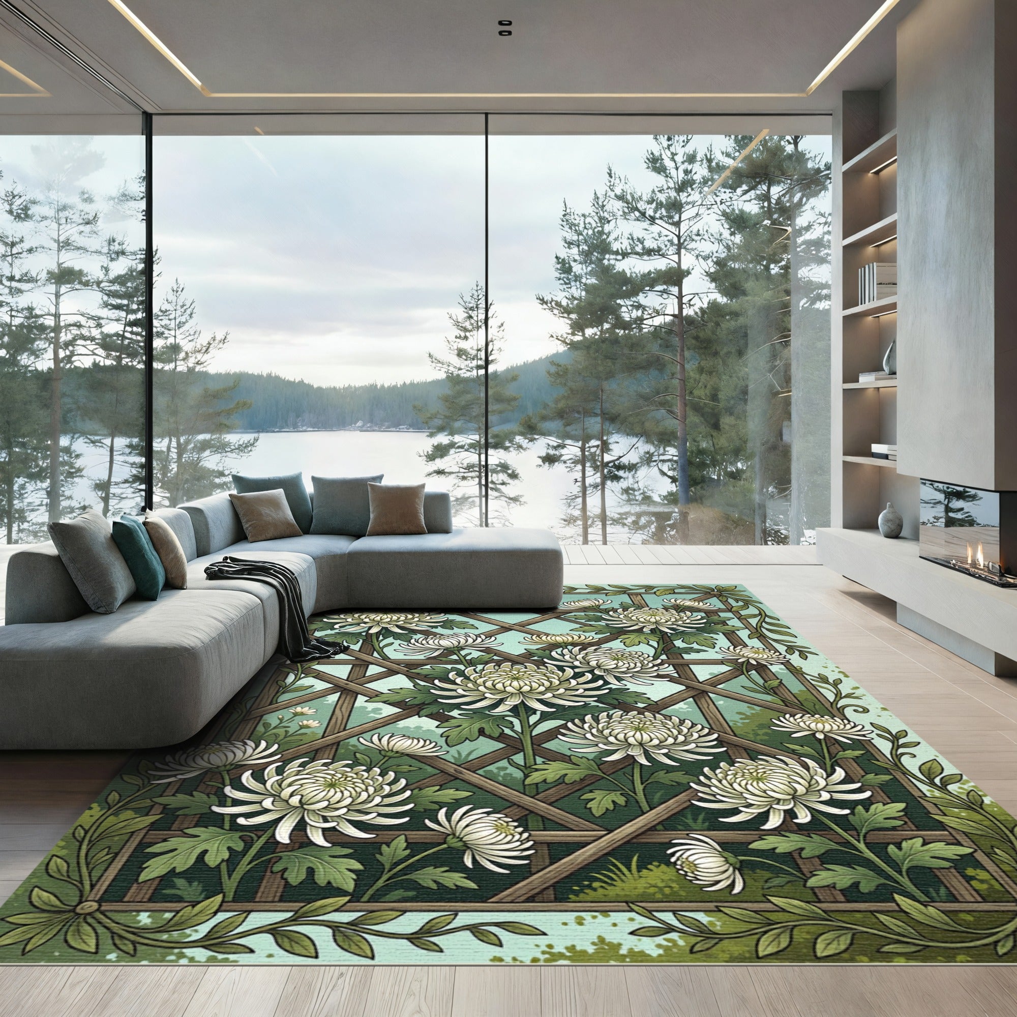White Chrysanthemum Garden Trellis Rug