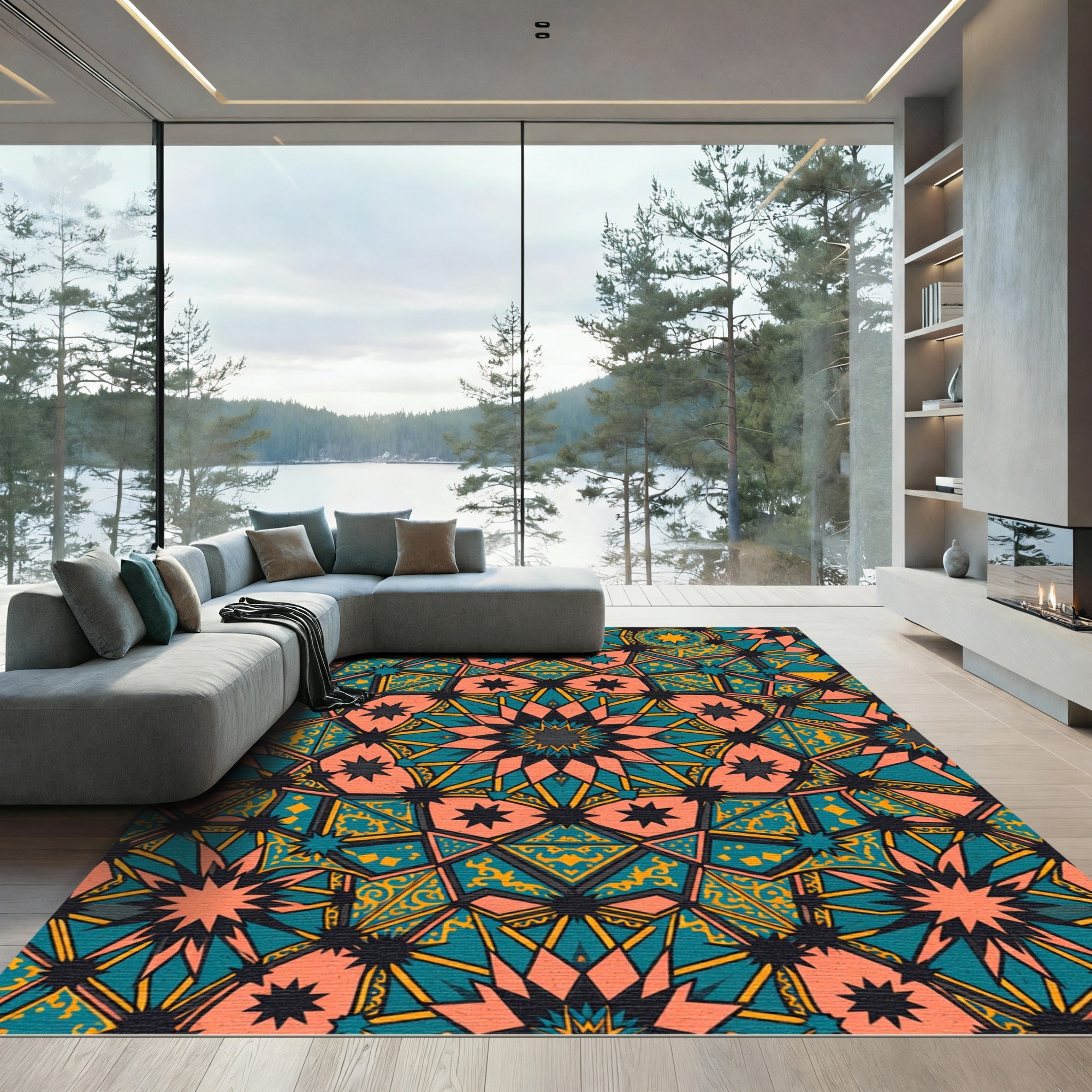 Coral Teal Starburst Geometric Tile Rug