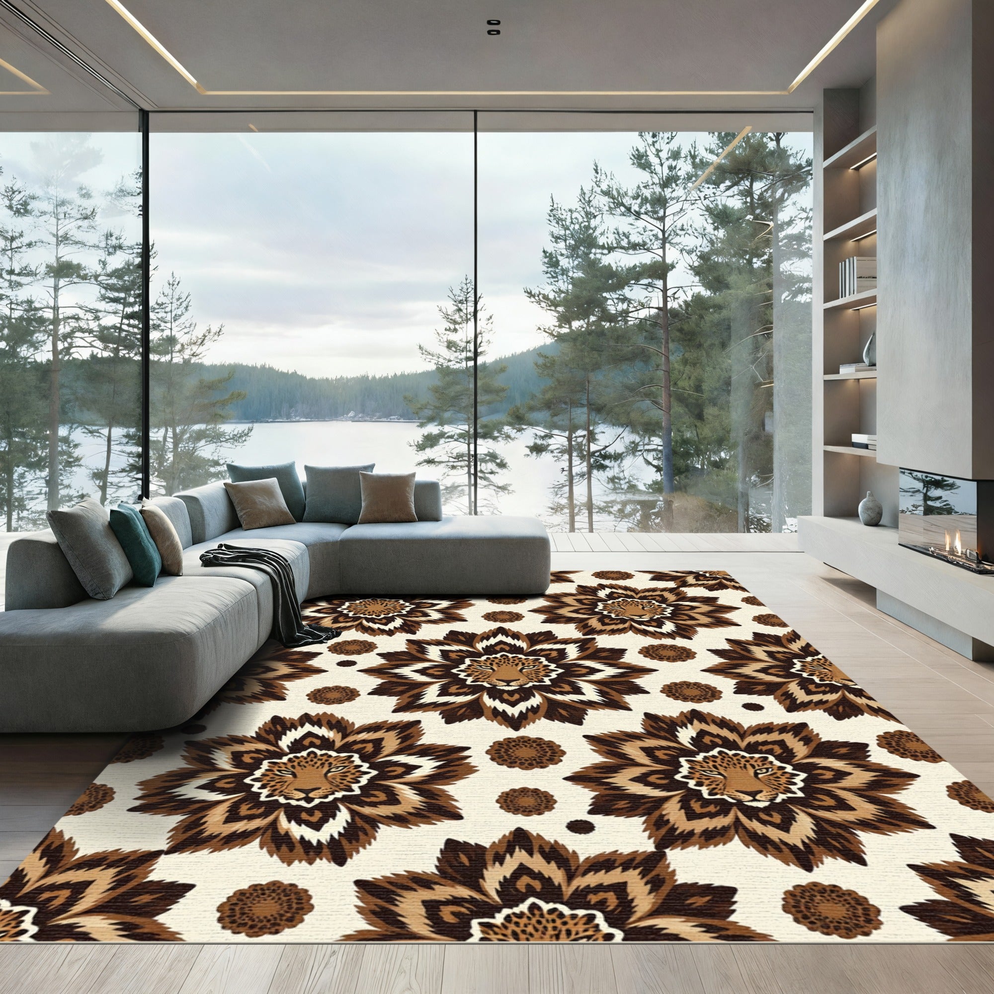 Leopard Wildflower Brown Cream Rug