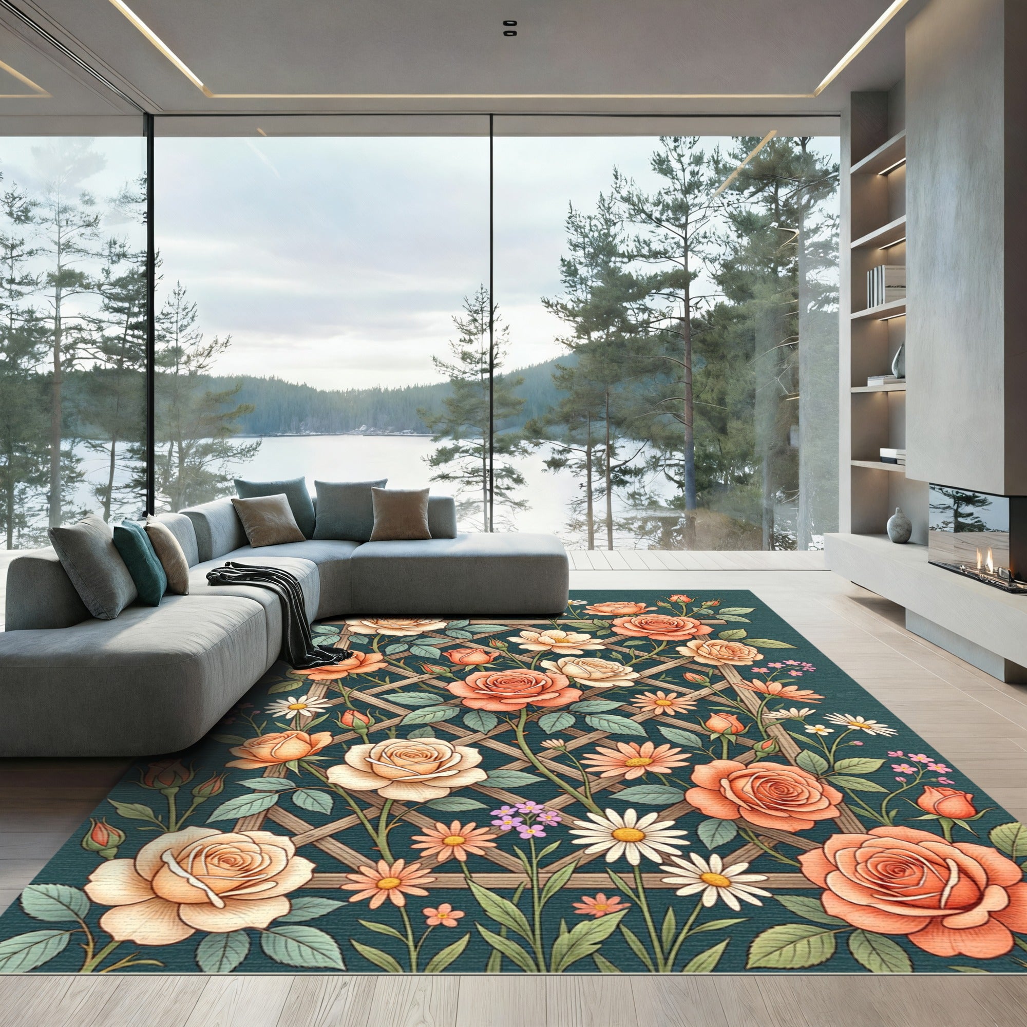 Coral Cream Rose Trellis Garden Bloom Rug