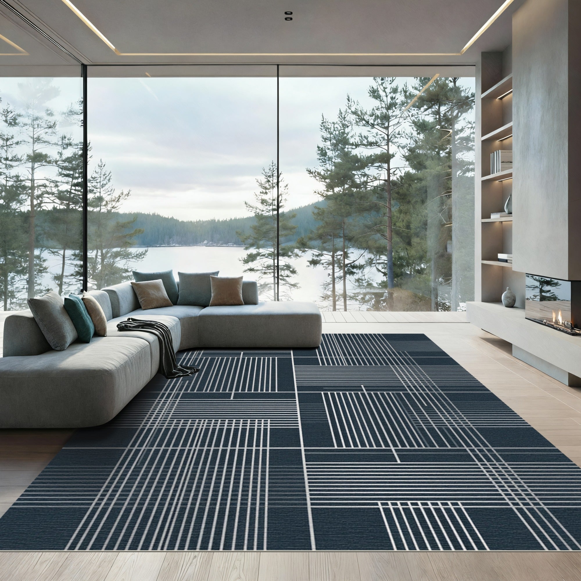 Deep Charcoal Geometric Stripe Composition Rug