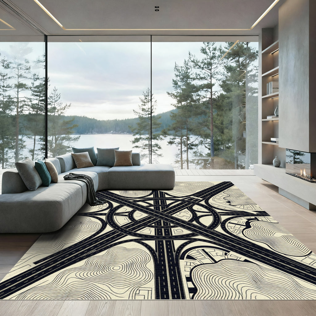 Minimalist Cream Black Infrastructure Map Rug