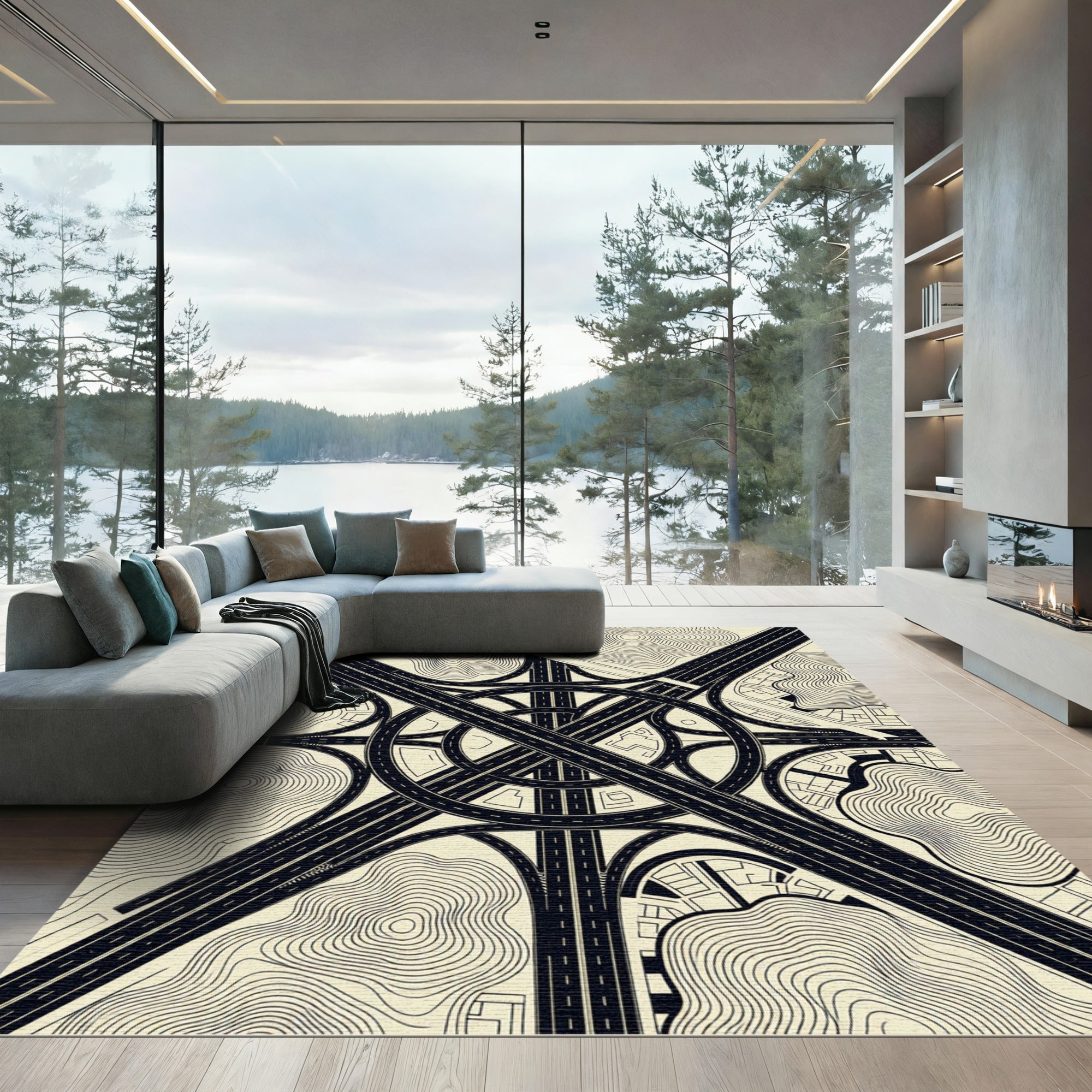 Minimalist Cream Black Infrastructure Map Rug