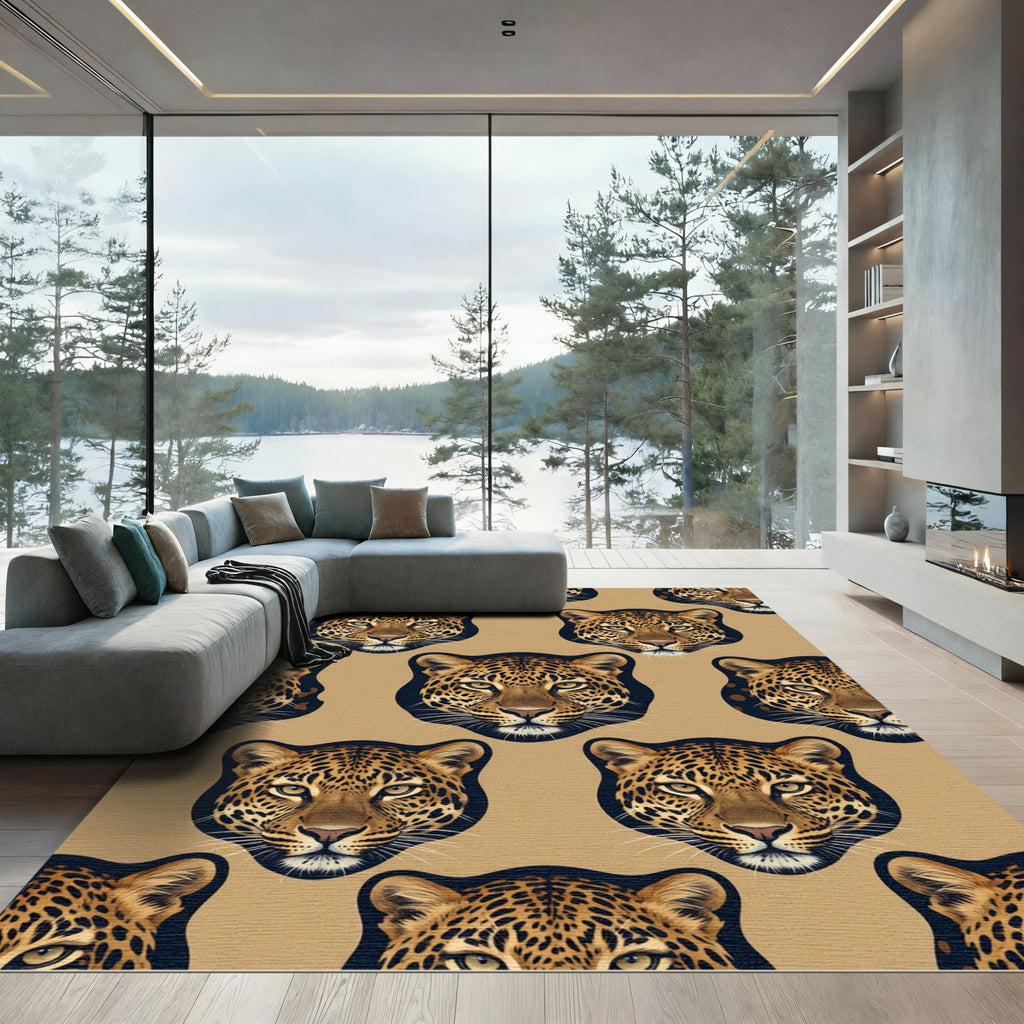 Bold Leopard Portrait Animal Beige Rug