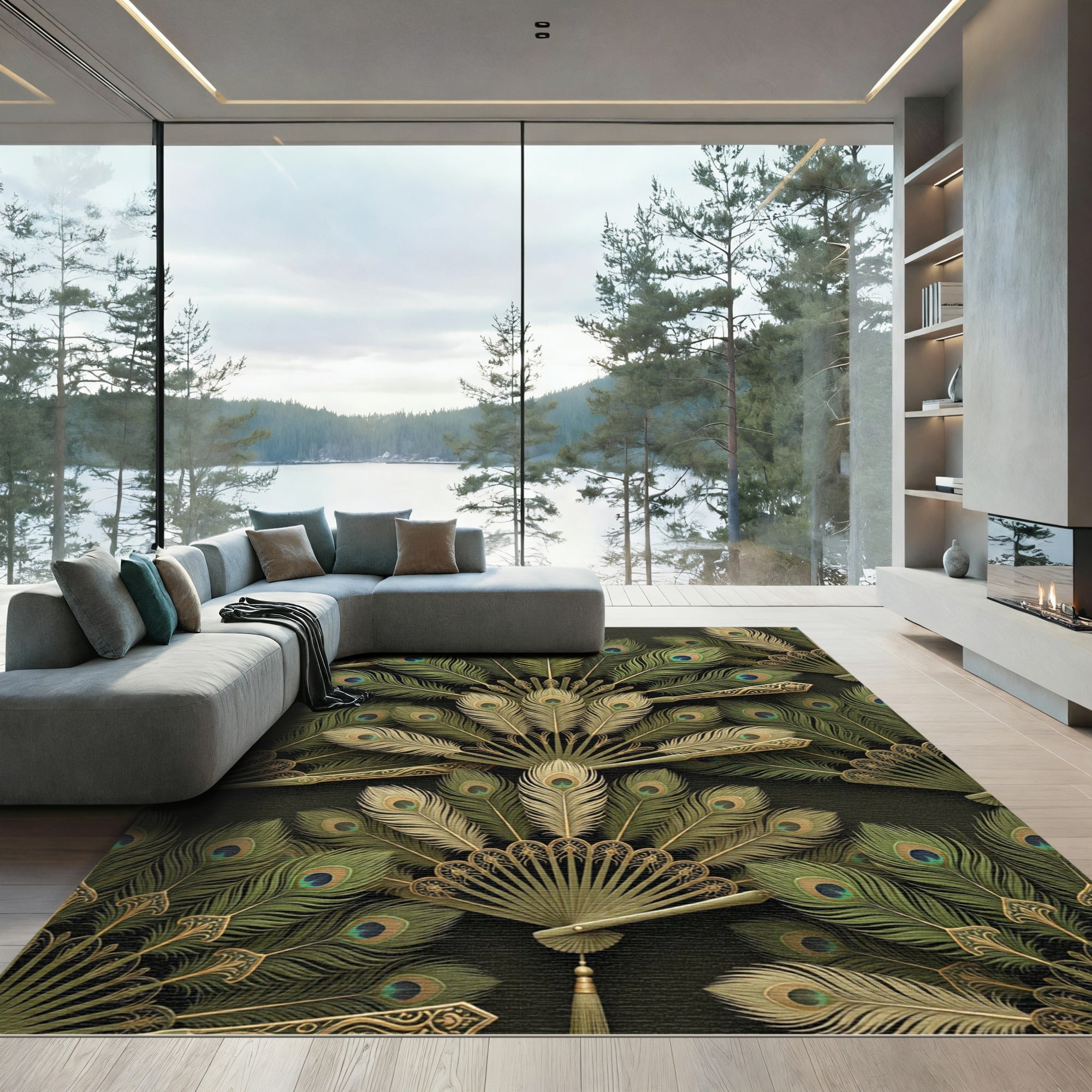 Golden Green Feathered Fan Assemblage Rug