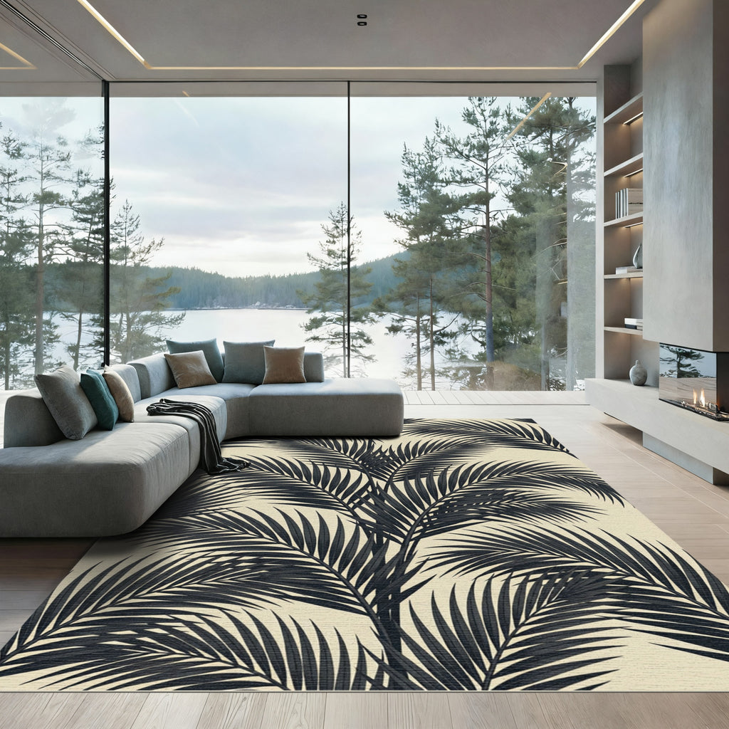 Monochrome Palm Frond Tropical Rug