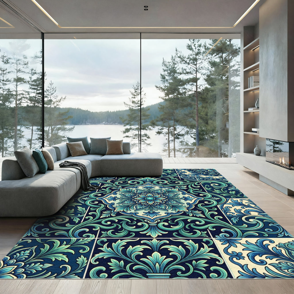 Deep Teal Floral Medallion Tile Rug