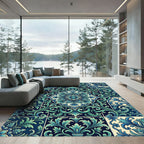 Deep Teal Floral Medallion Tile Rug