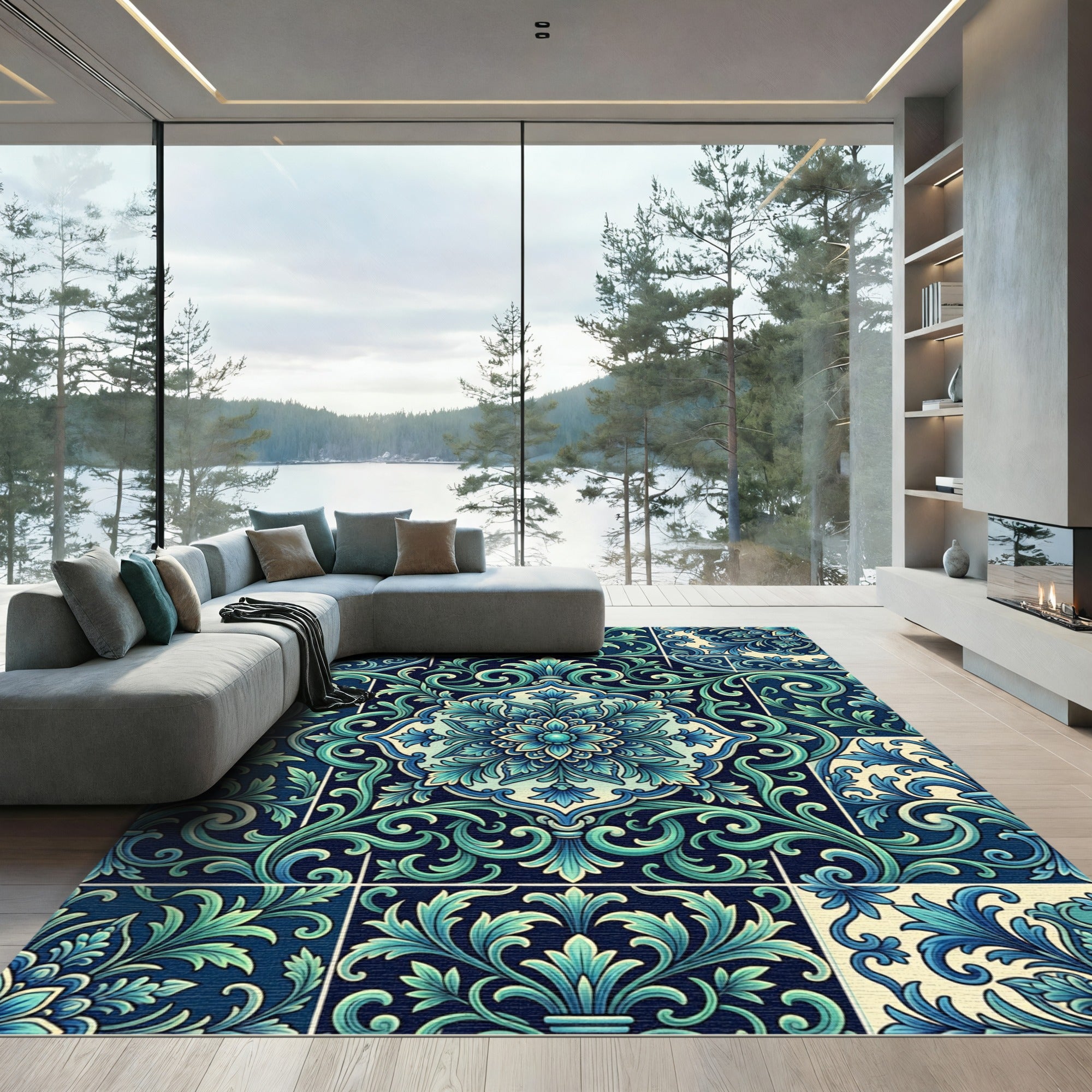 Deep Teal Floral Medallion Tile Rug