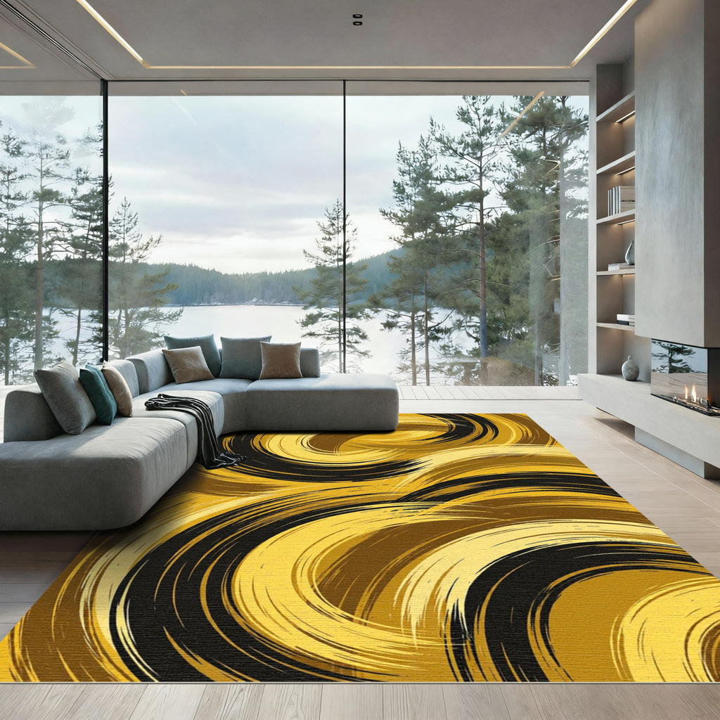 Golden Black Abstract Swirl Rug