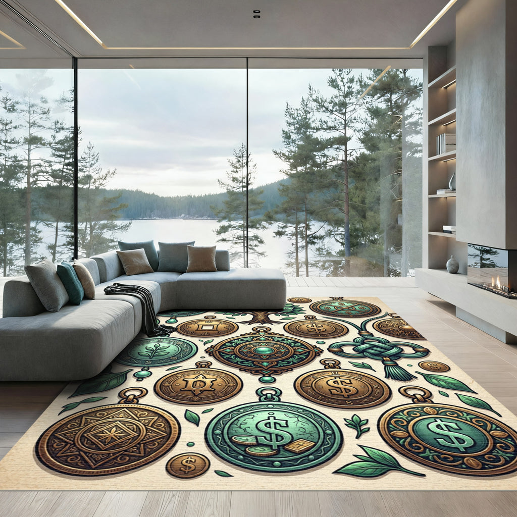 Enchanted Golden Coin and Foliage Medallion Rug