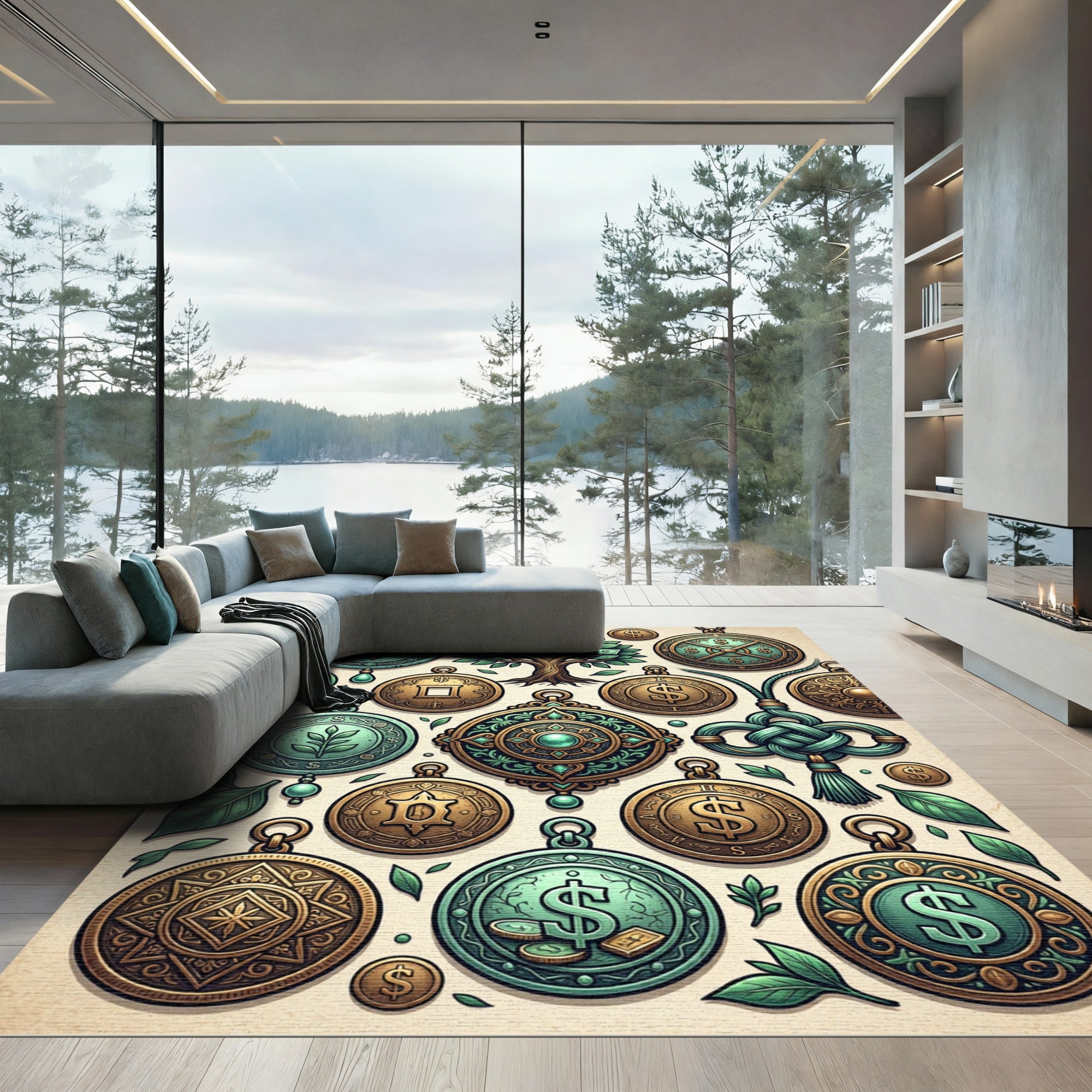 Enchanted Golden Coin and Foliage Medallion Rug