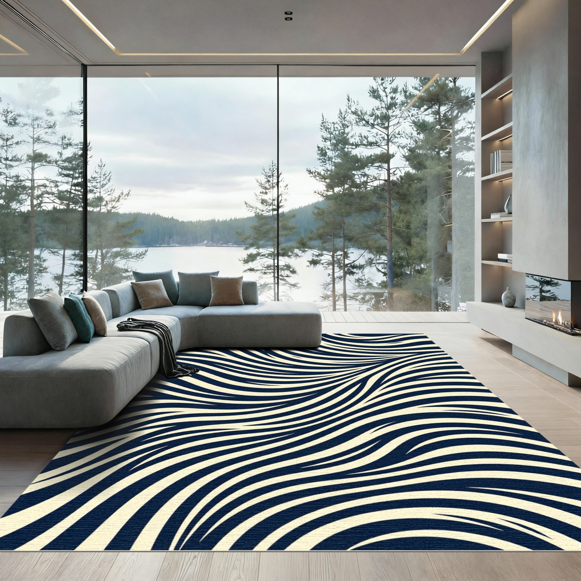 Minimalist Navy and Cream Flowing Wave Rug
