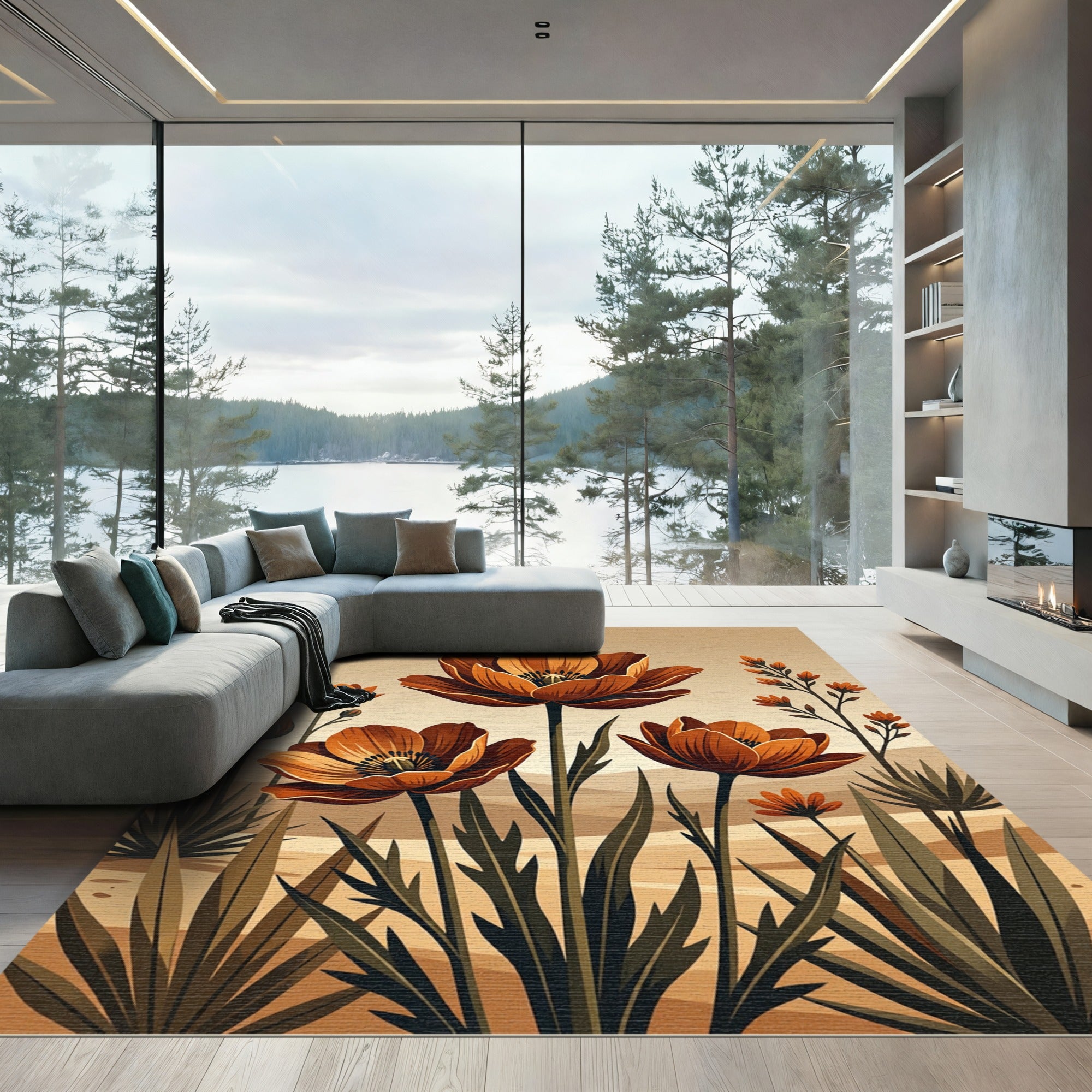 Golden Sunset Floral Botanical Art Rug