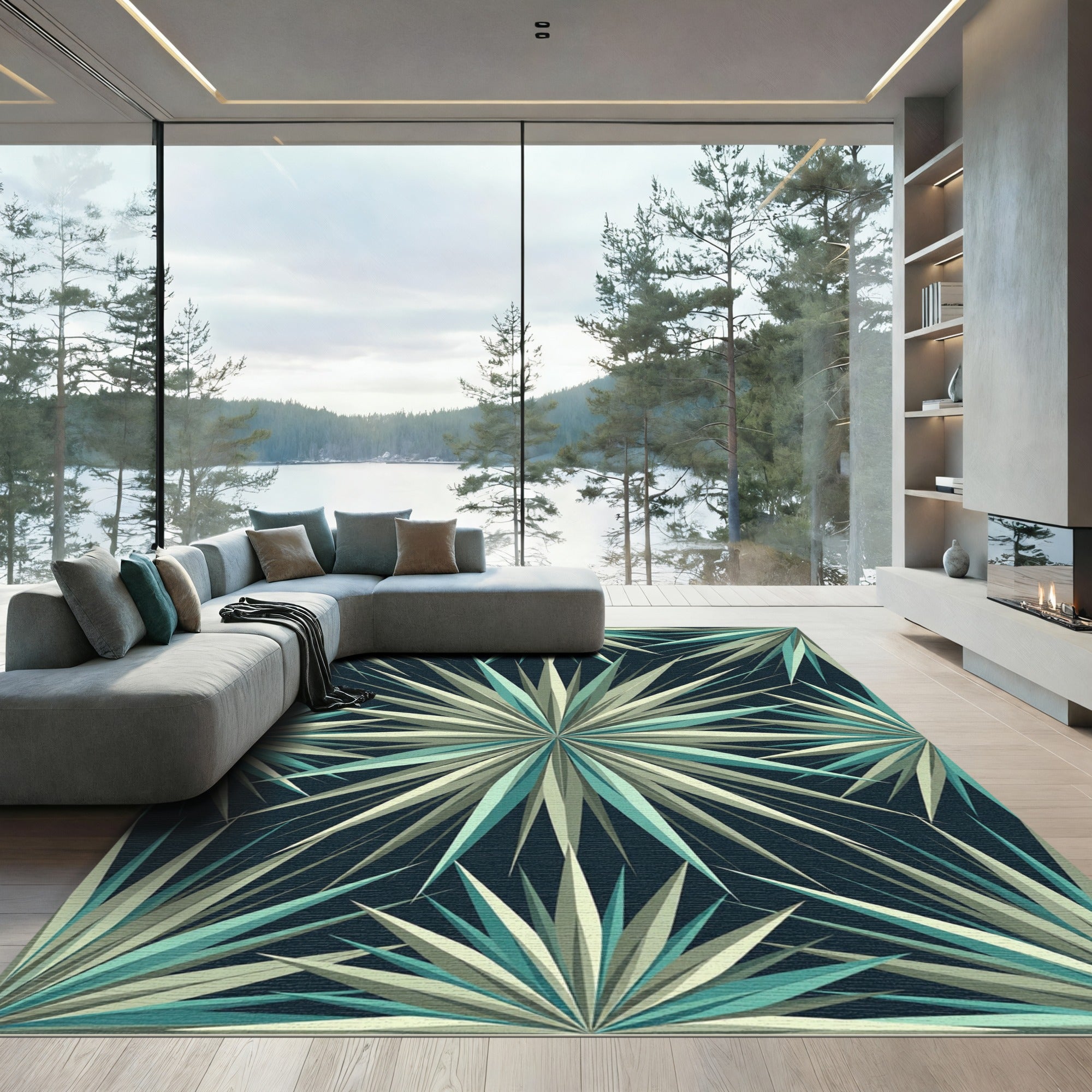 Teal Mint Geometric Sunburst Star Rug