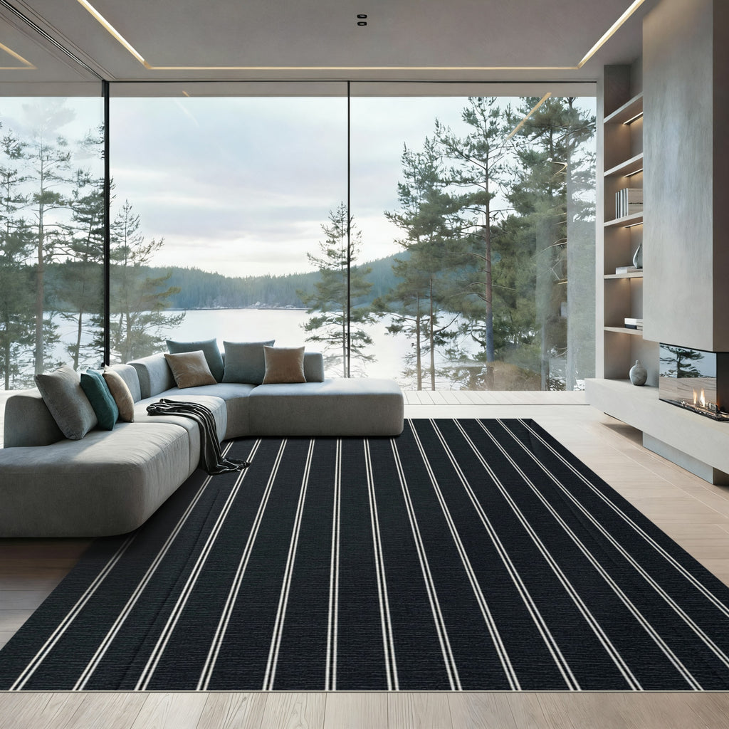 Classic Black White Pinstripe Abstraction Rug