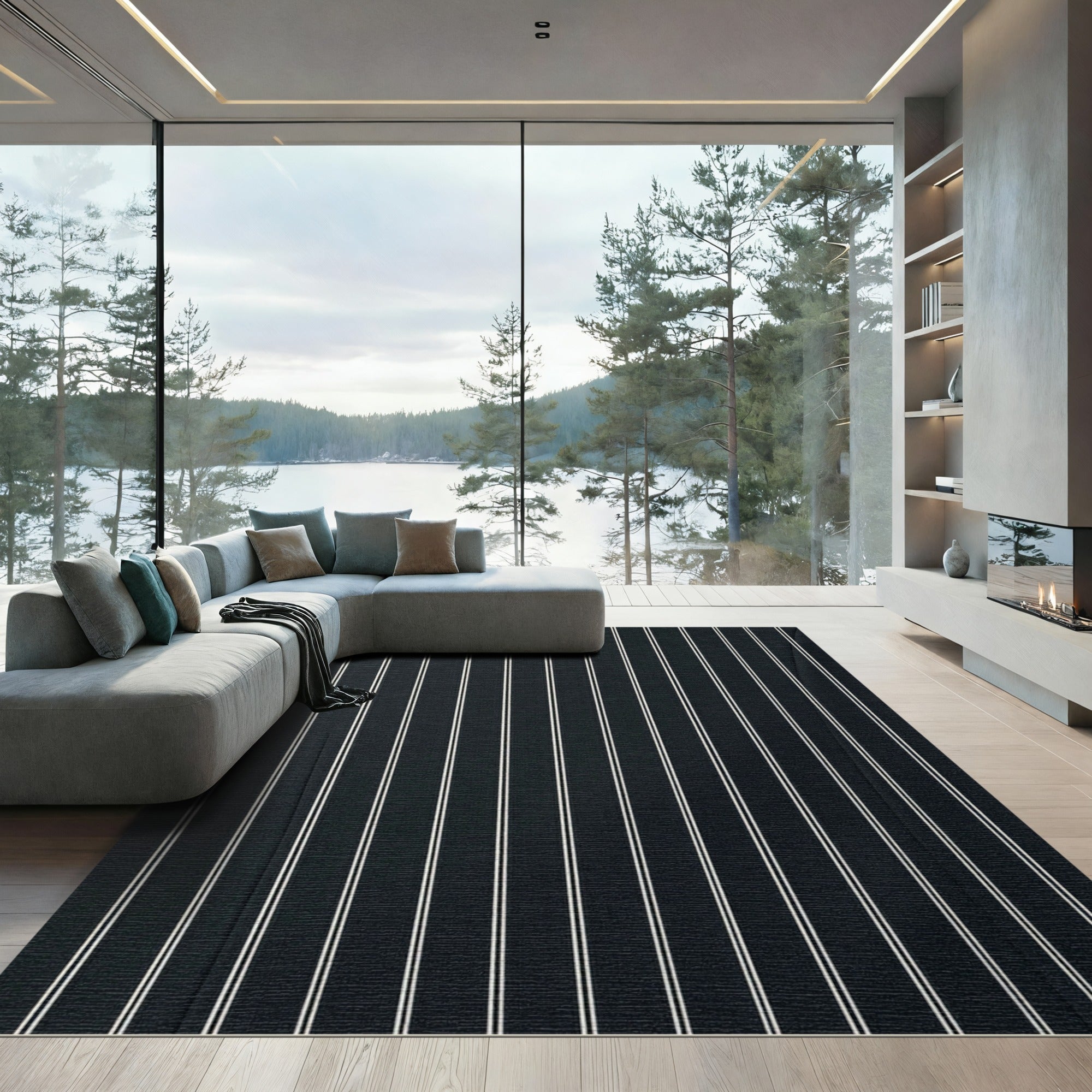 Classic Black White Pinstripe Abstraction Rug