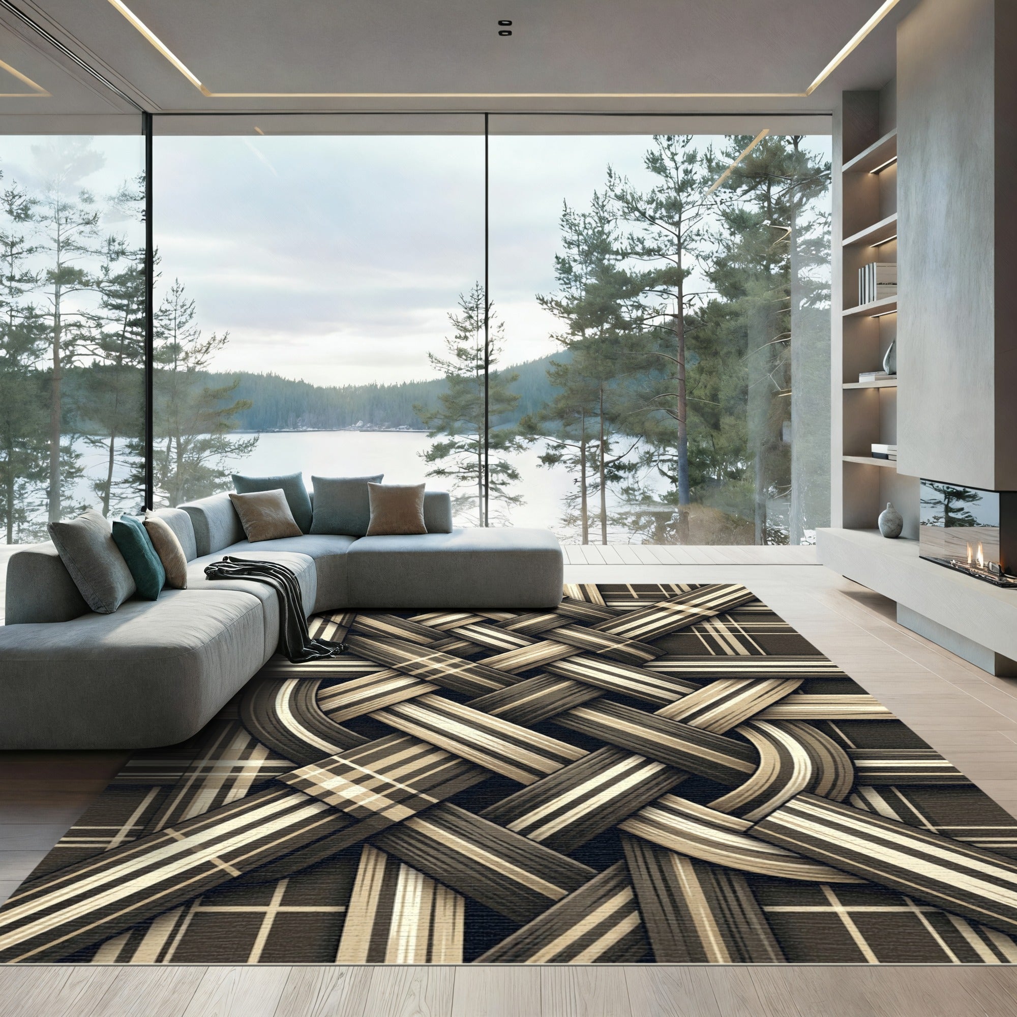 Brown Woven Stripe Plaid Weave Rug