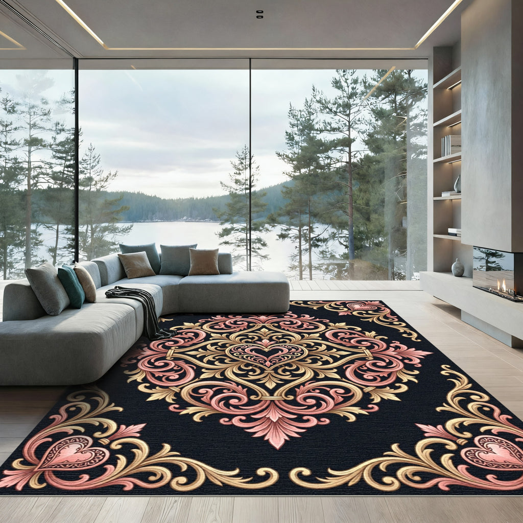 Elegant Pink Gold Heart Scrollwork Rug