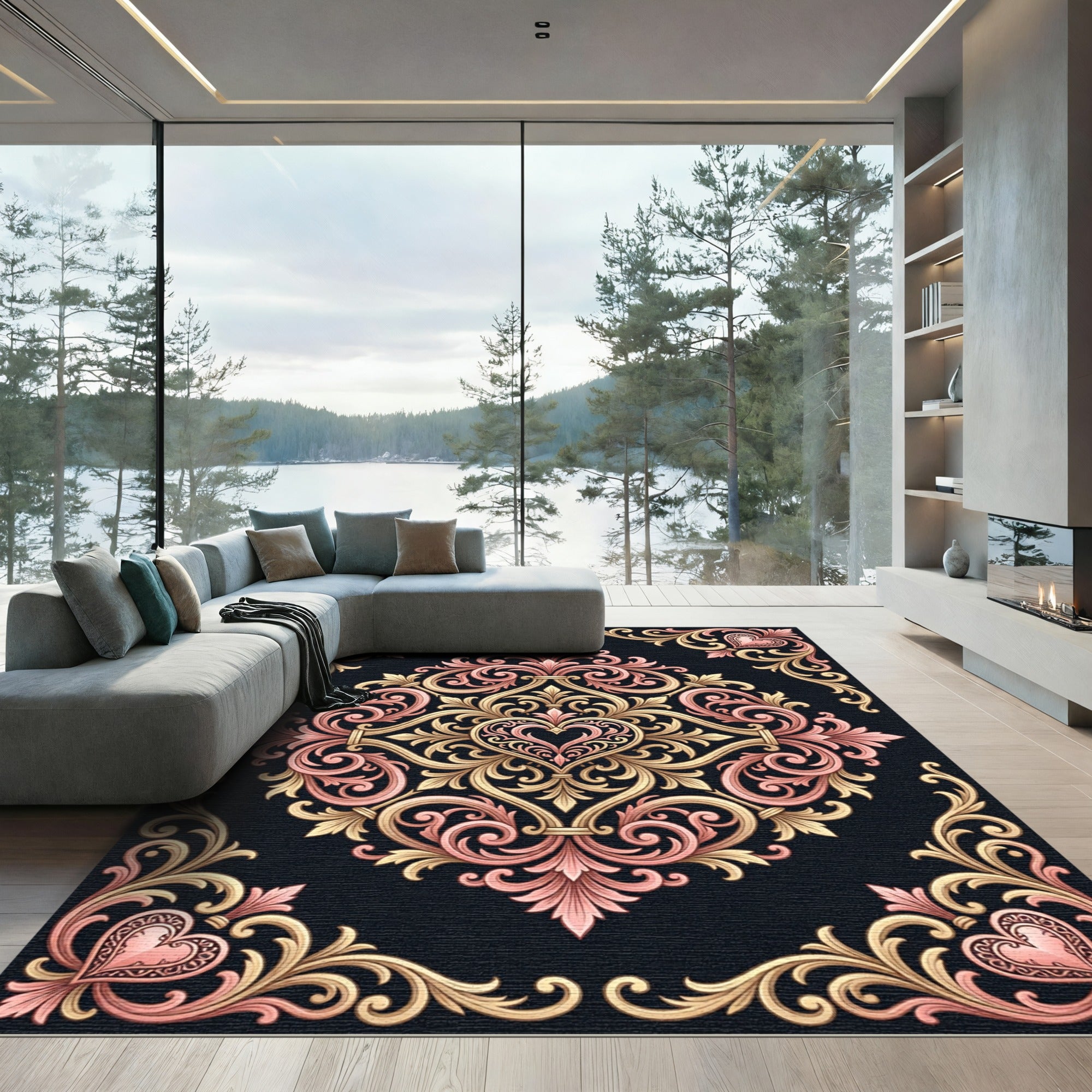 Elegant Pink Gold Heart Scrollwork Rug