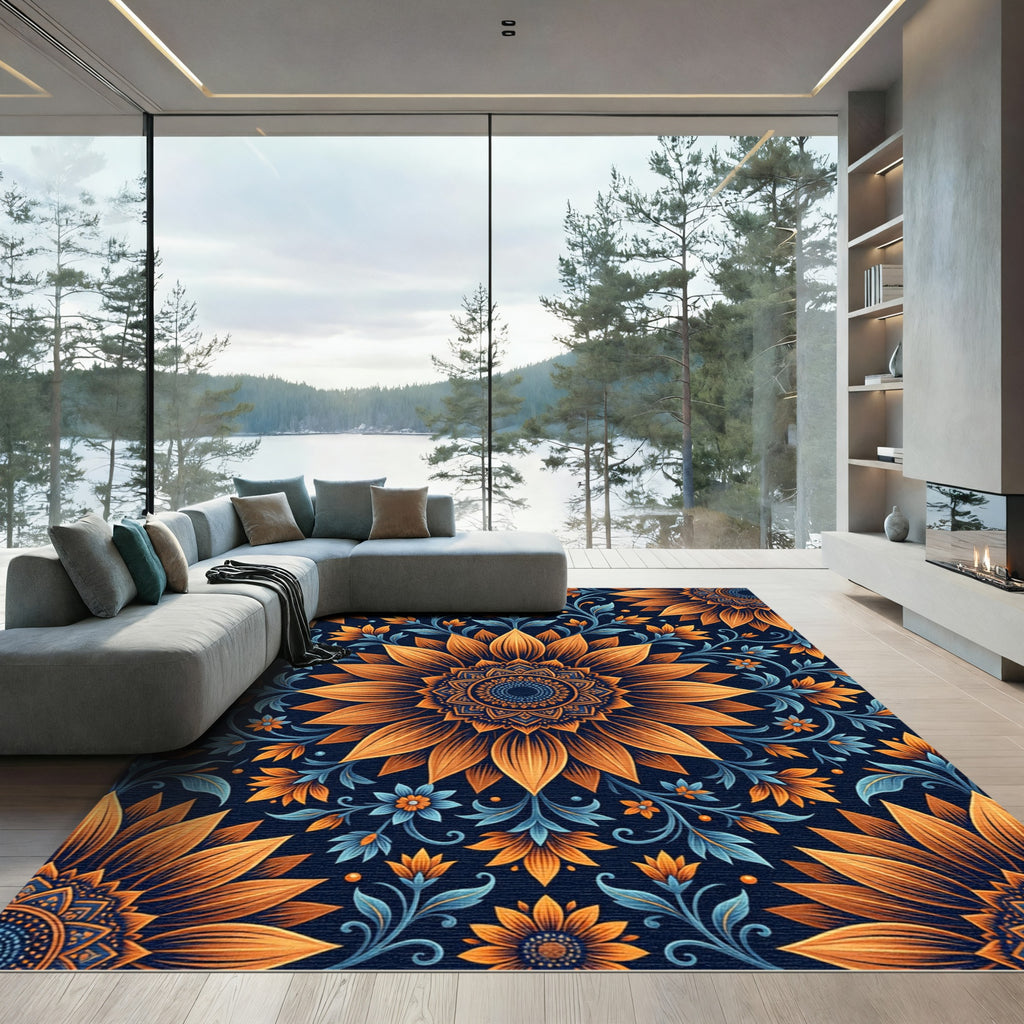 Orange Blue Sunflower Mandala Bloom Rug