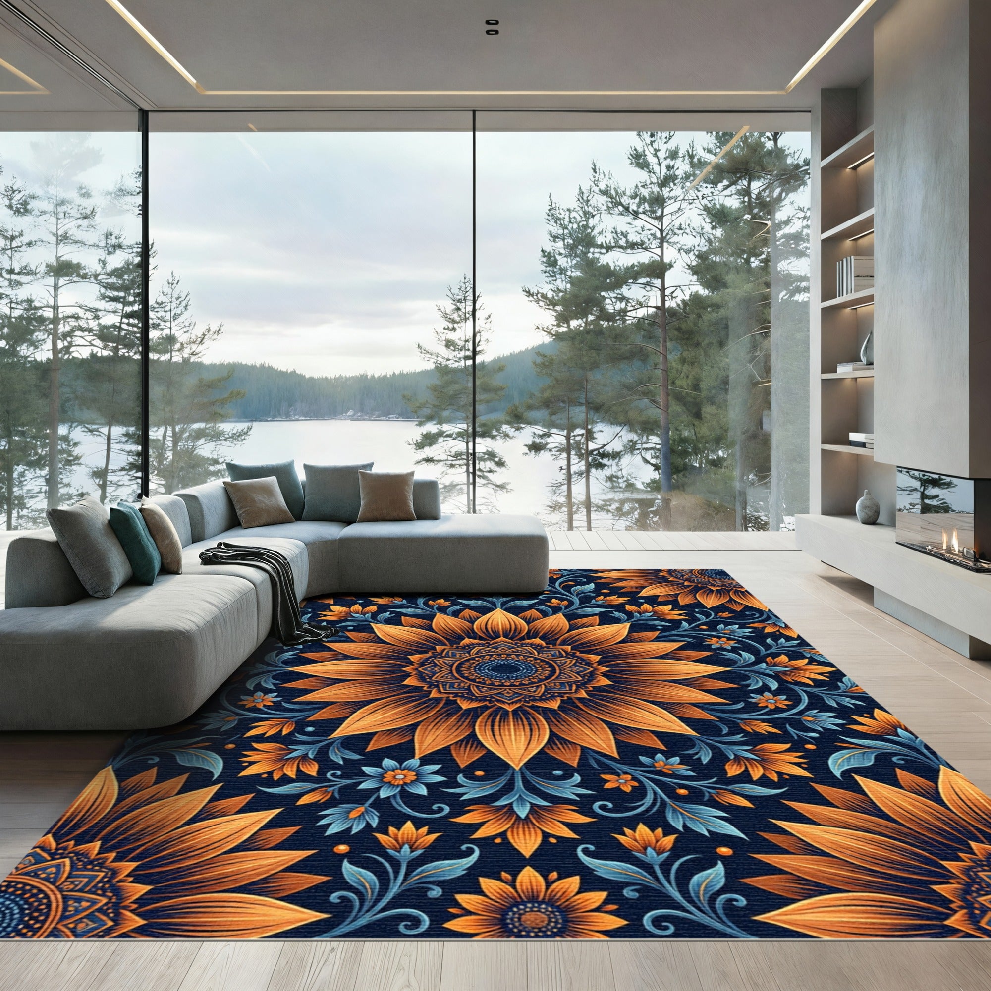 Orange Blue Sunflower Mandala Bloom Rug