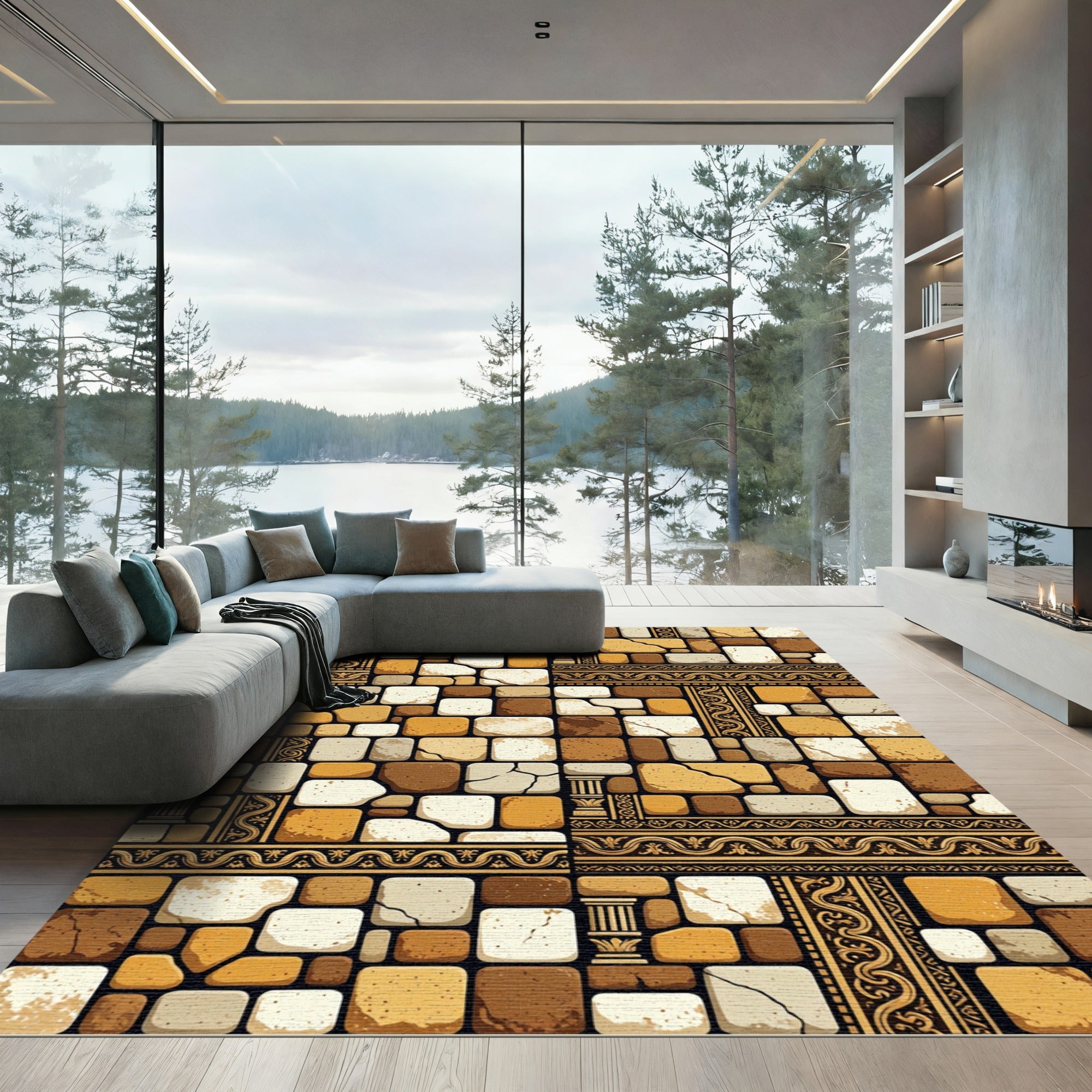 Terracotta Stone Mosaic Ancient Border Rug
