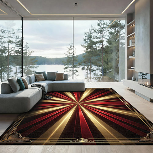 Art Deco Sunburst Red Gold Frame Rug