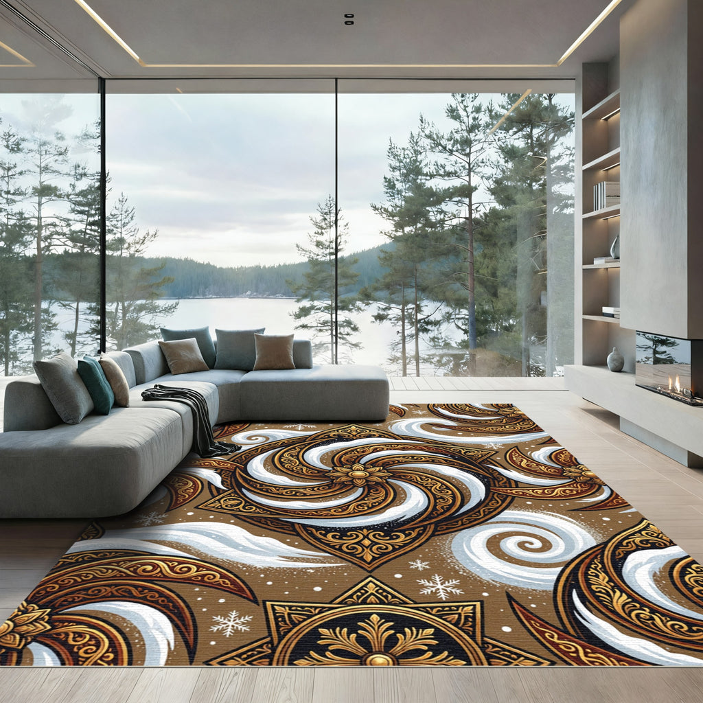 Golden Snow Swirl Ornate Floral Medallion Rug