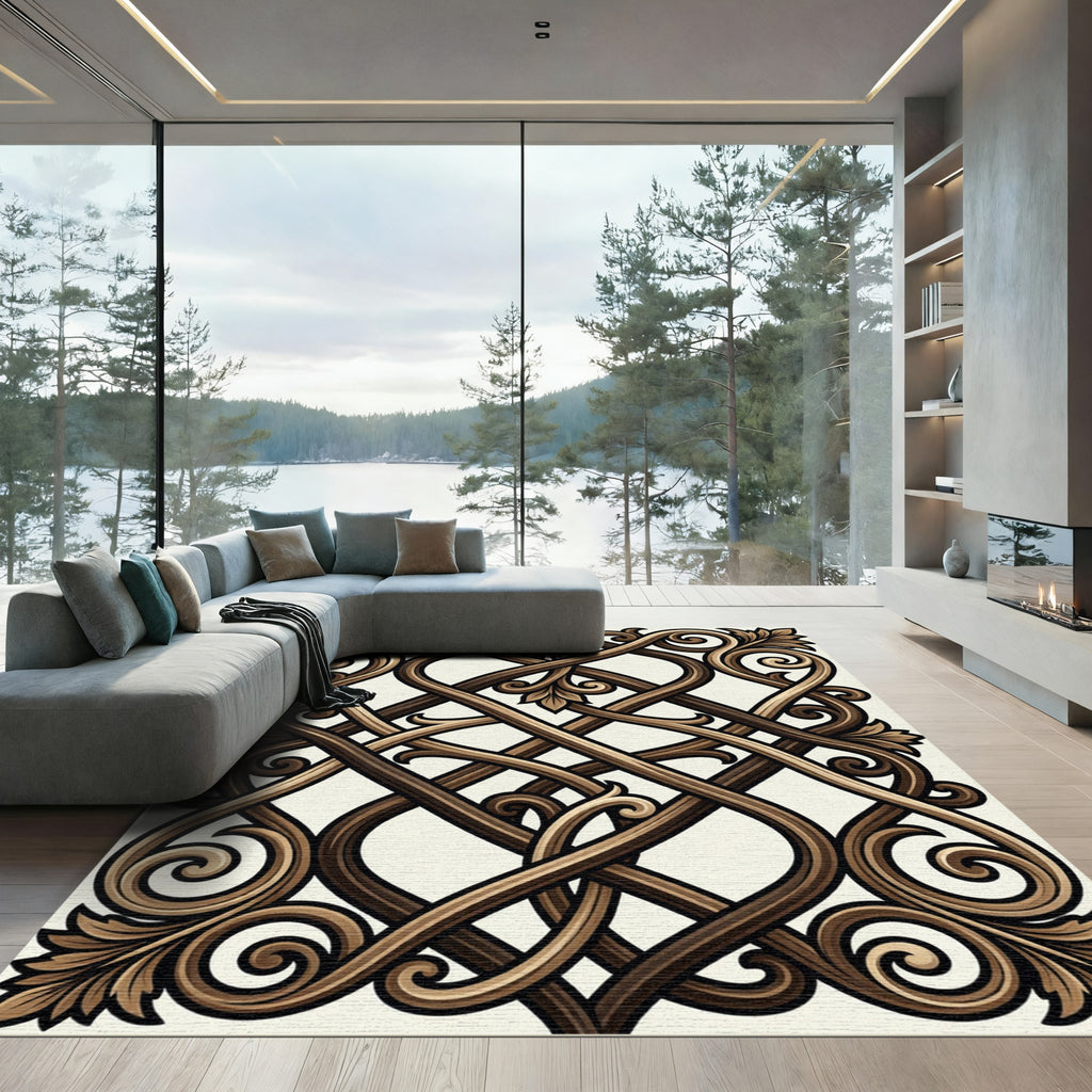 Ornate Bronze Interlocking Scrollwork Swirl Rug