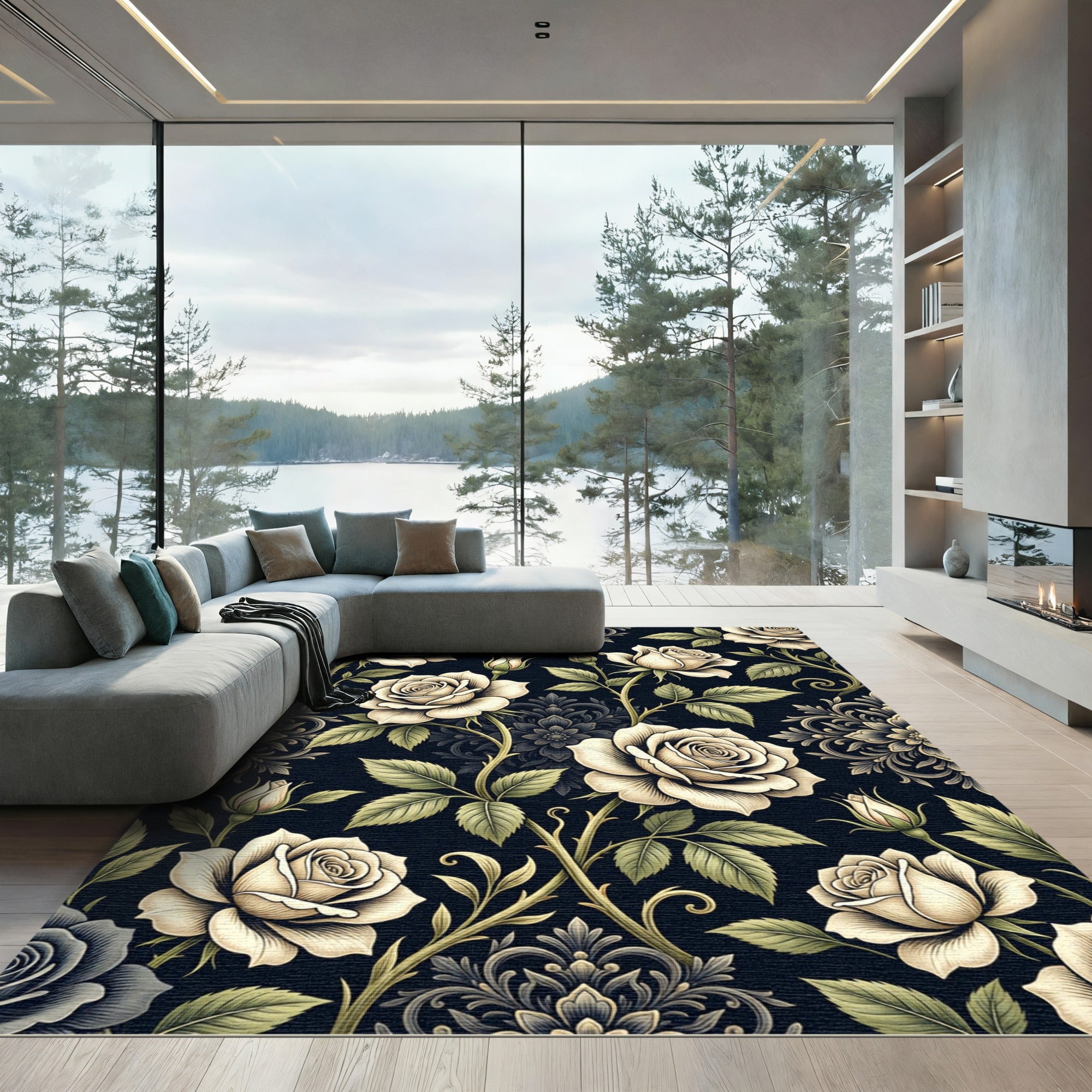 Elegant Cream Rose Botanical Damask Rug