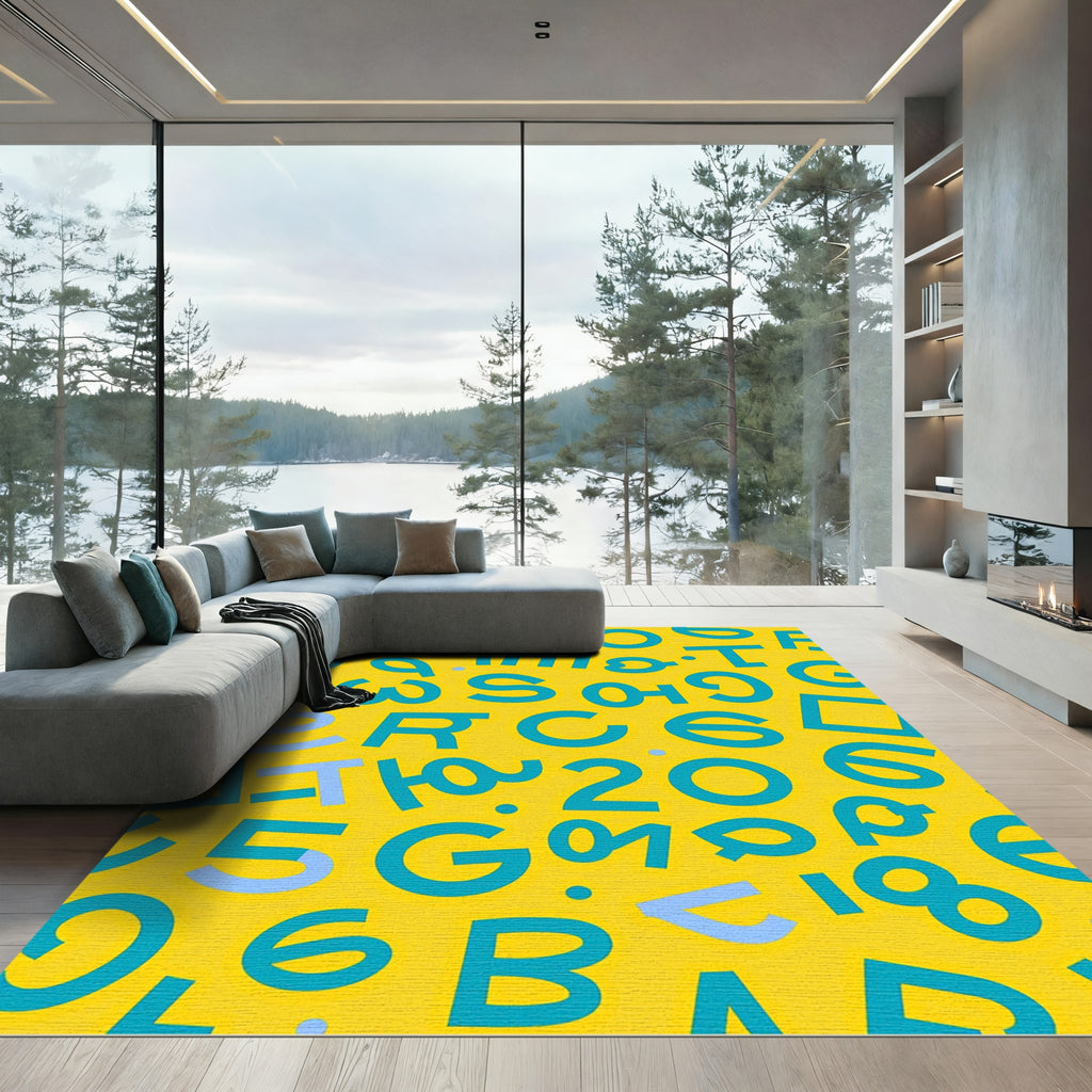 Retro Yellow Teal Alphabet Numbers Rug