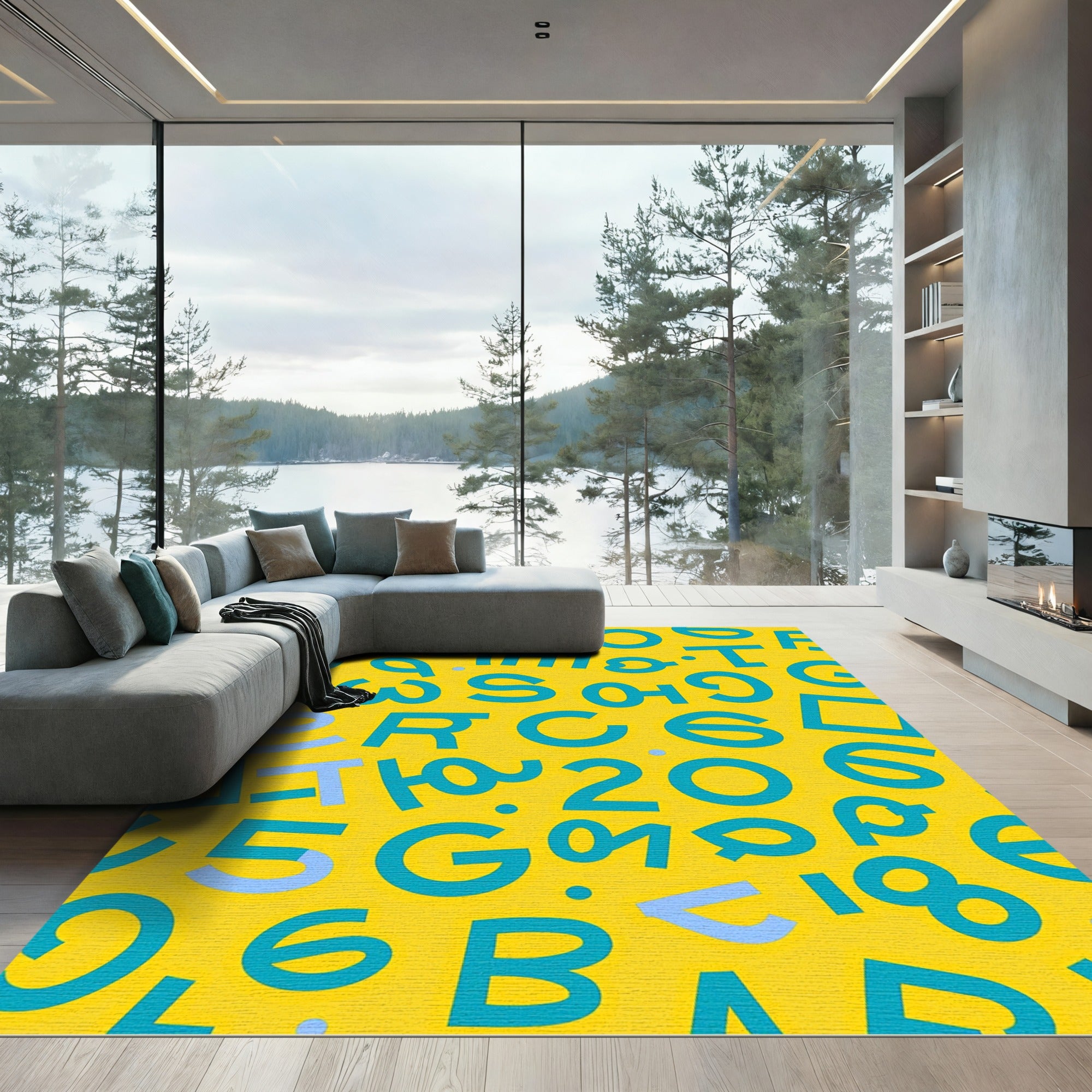 Retro Yellow Teal Alphabet Numbers Rug